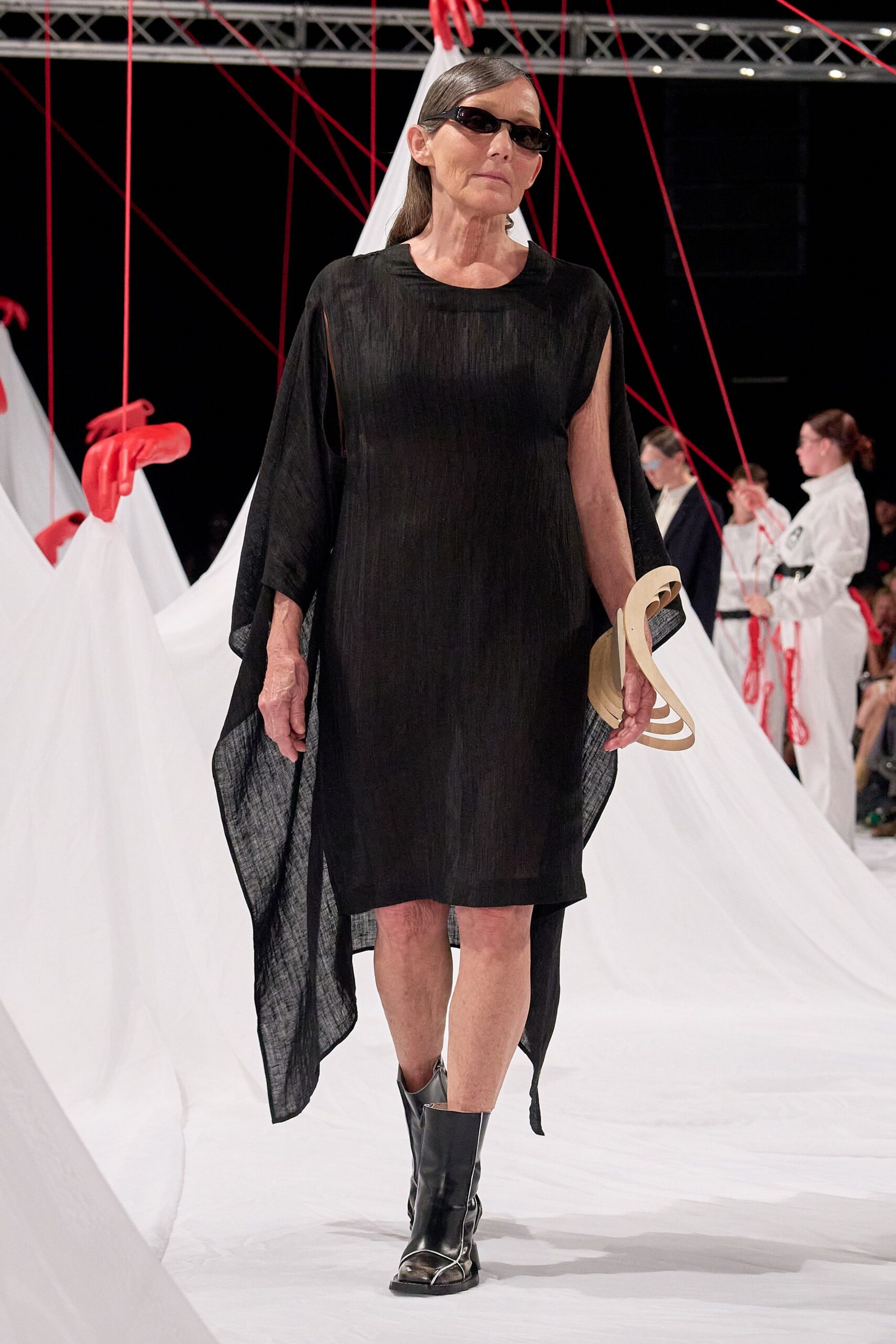 black relaxed silk dress with accessories