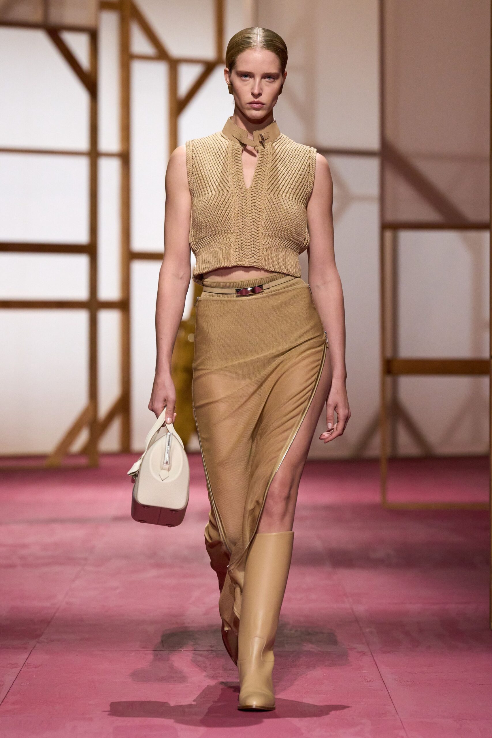 beige knit sleeveless high-neck fitted ribbed cropped top