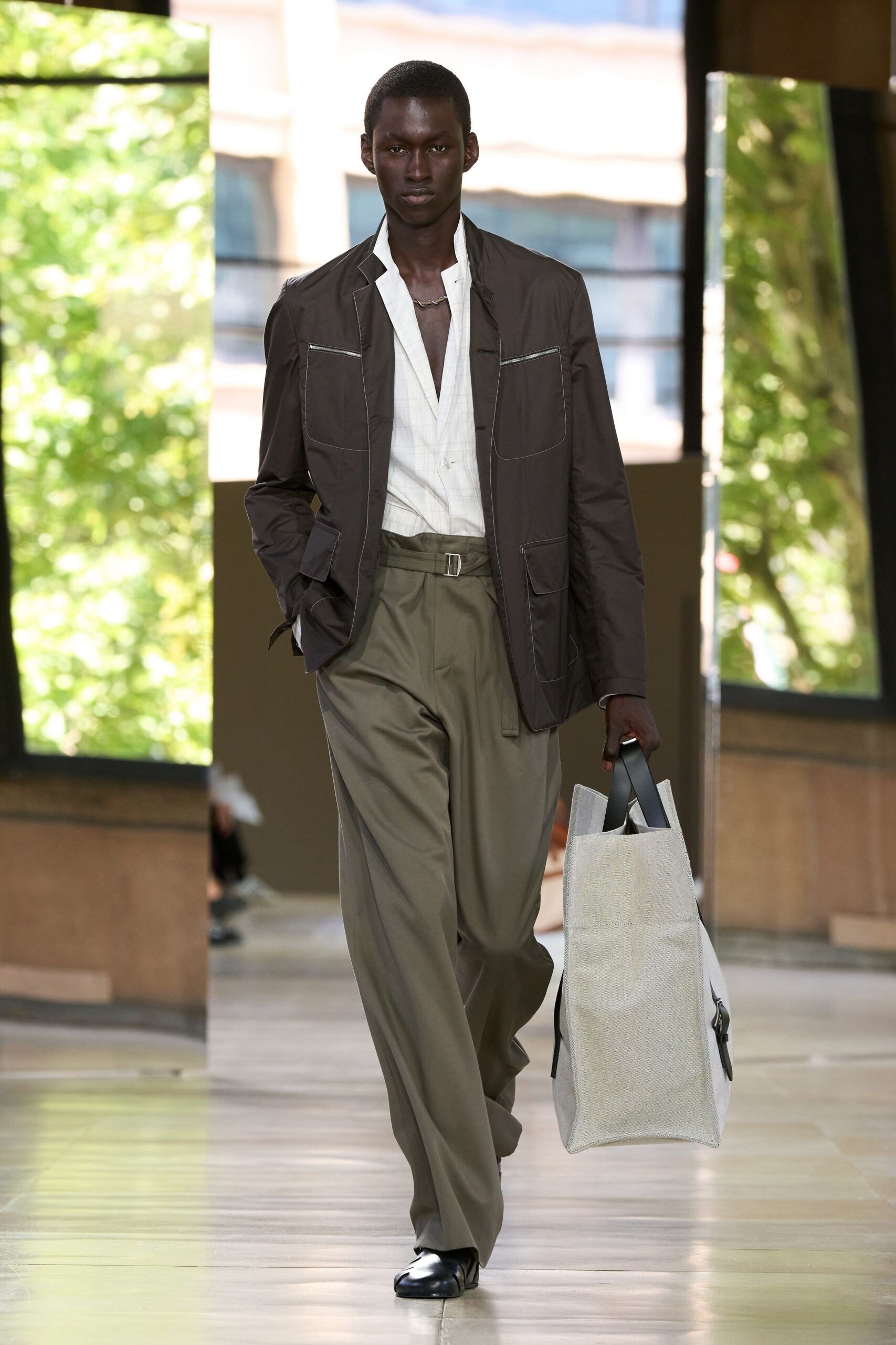 brown cotton long-sleeve collared structured zippered blazer