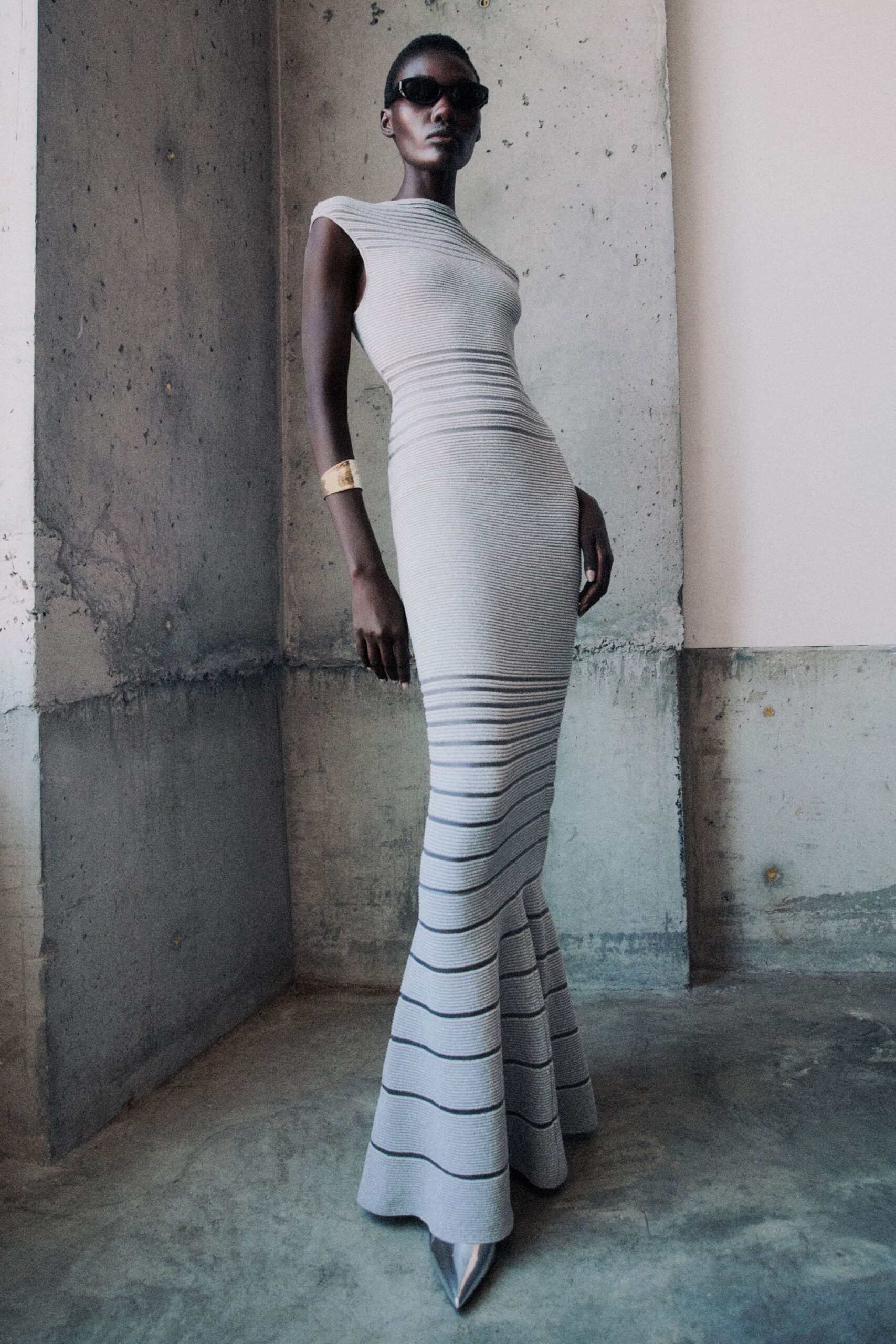 gray striped fitted gown
