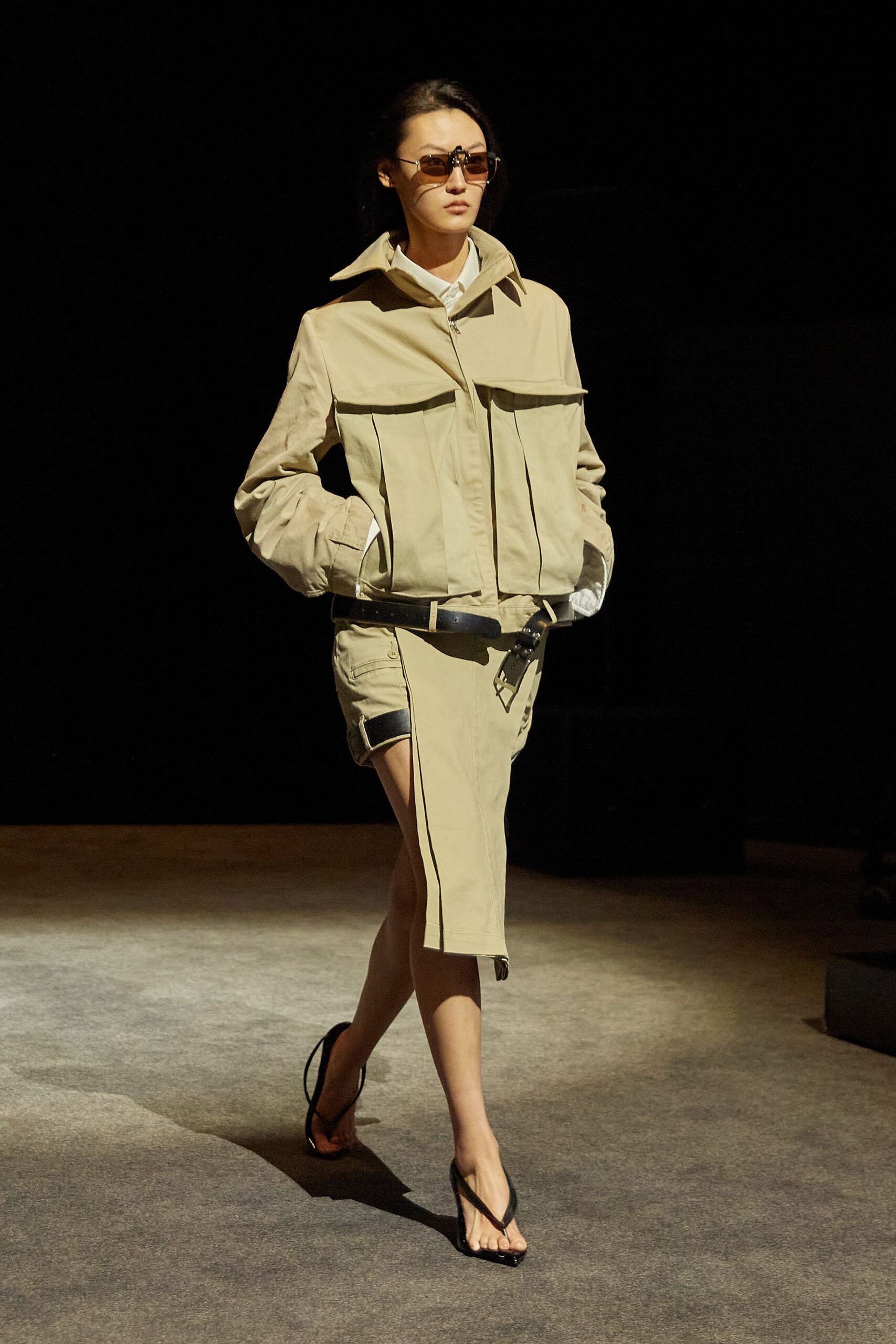 beige jacket and skirt outfit