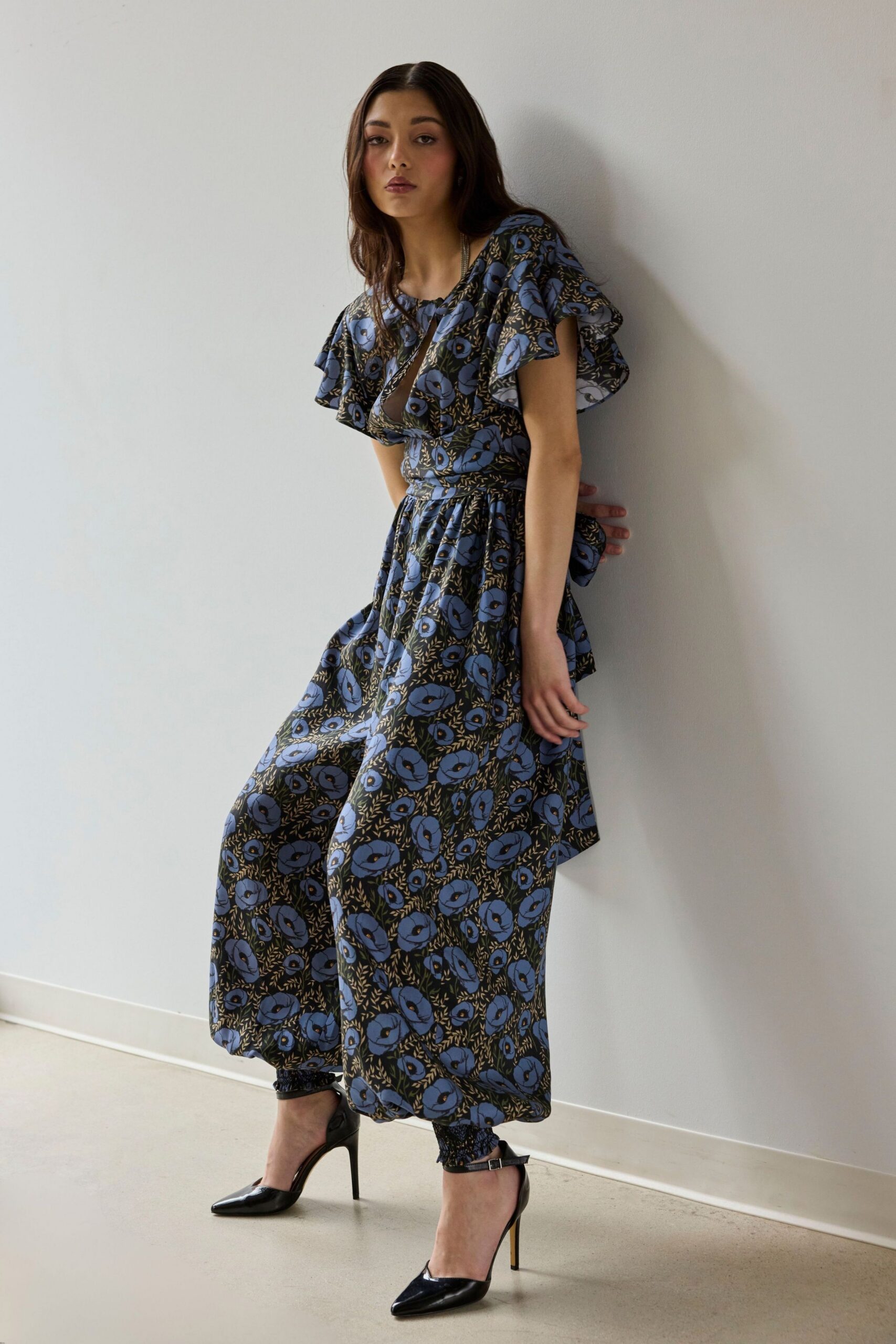blue printed jumpsuit with heels