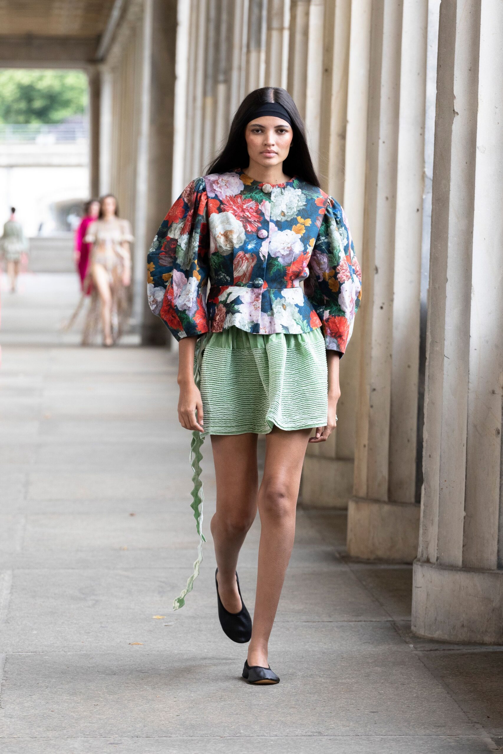 floral relaxed top with green shorts