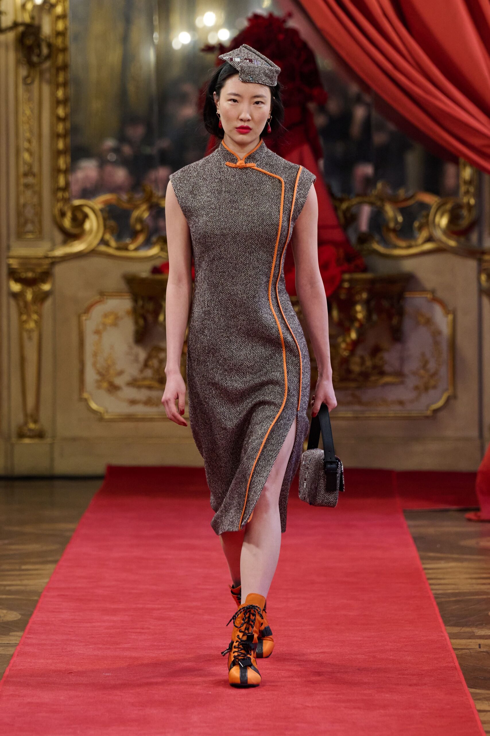 gray wool short-sleeve high-neck fitted midi dress
