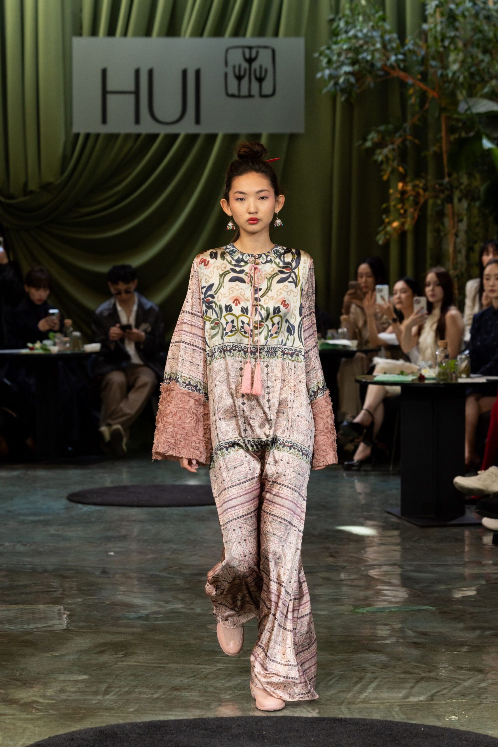 pink silk long-sleeve collared relaxed embroidered layered jumpsuit