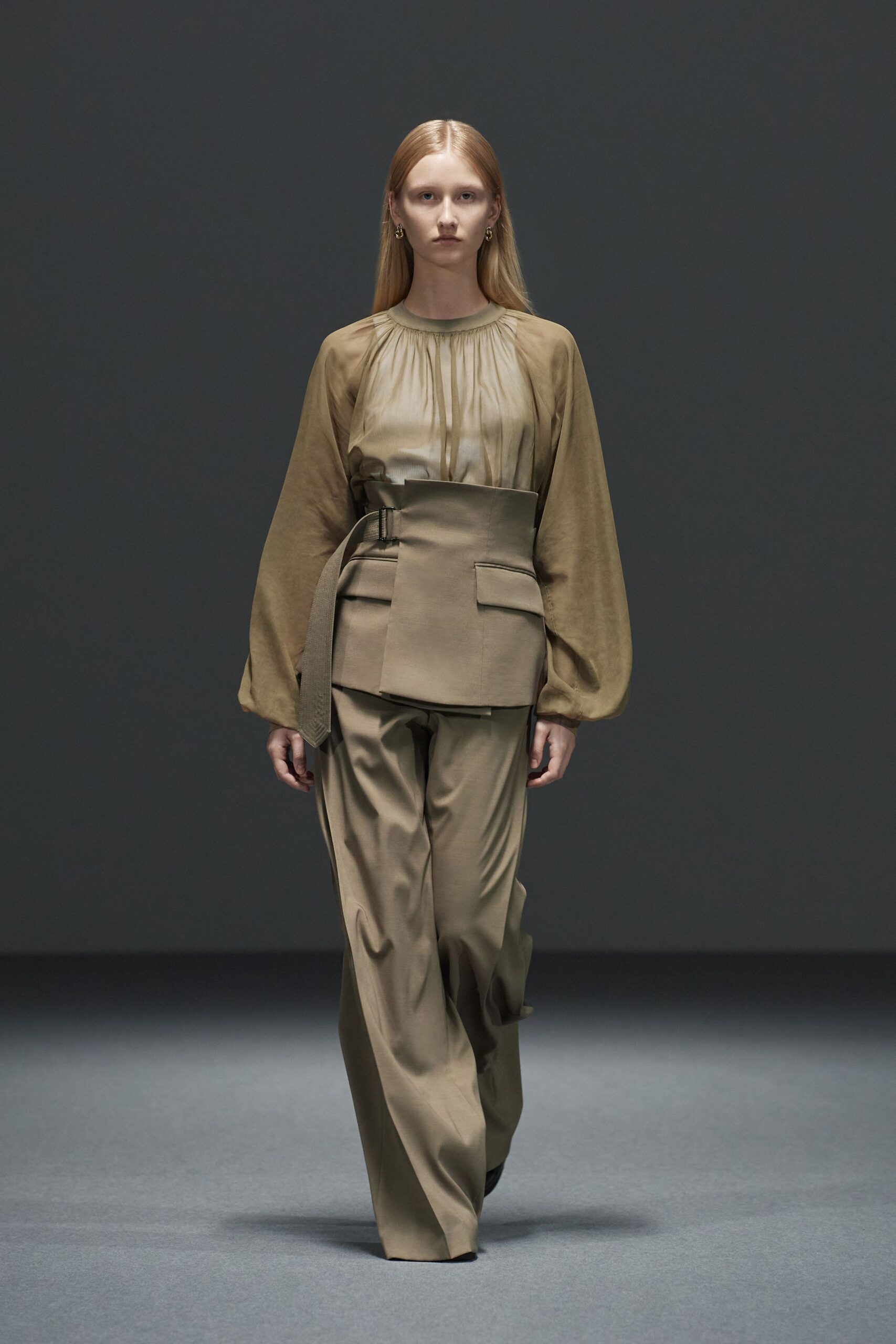 beige silk top and tailored pants