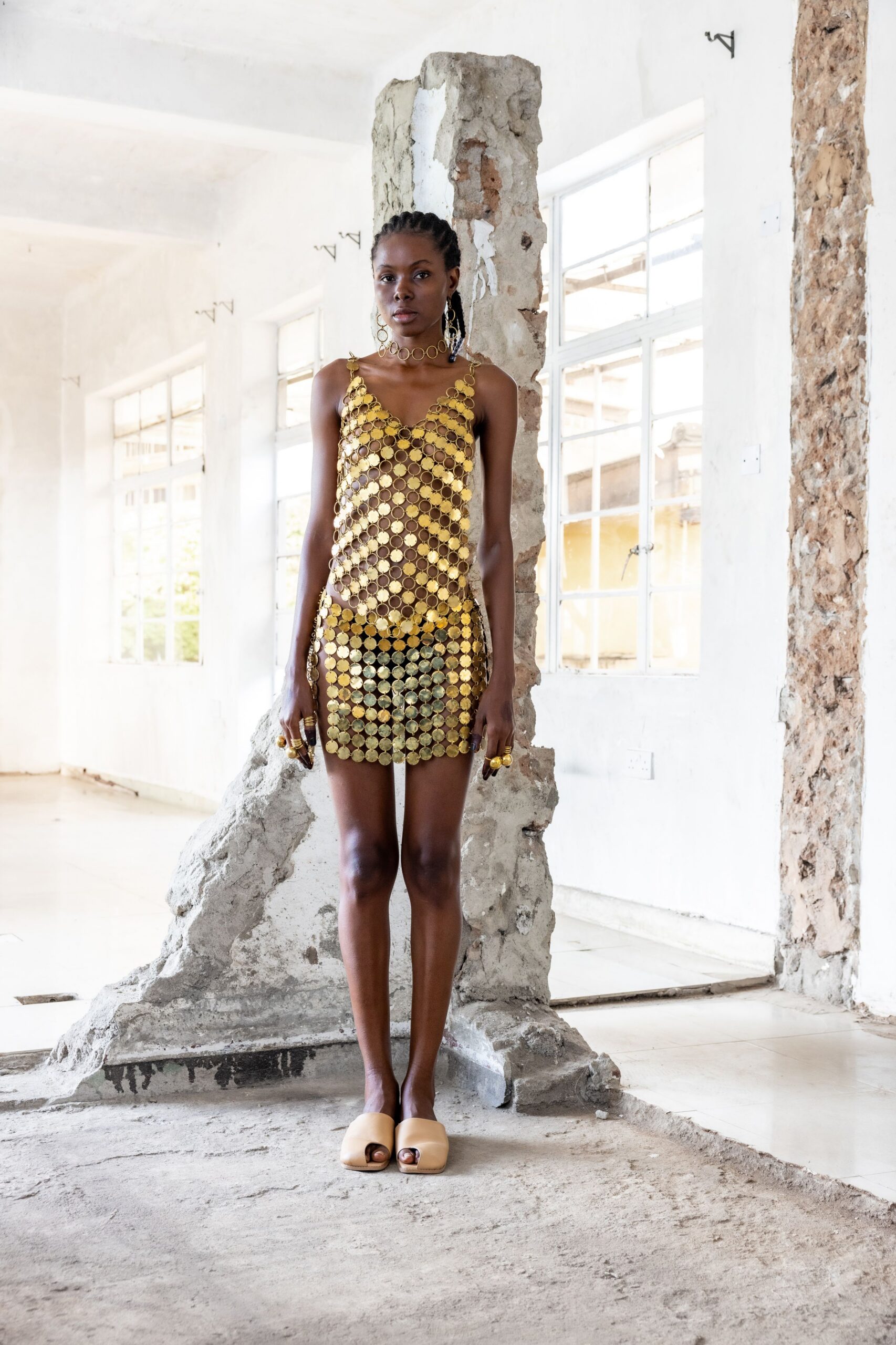 gold metallic sleeveless fitted embellished shiny mini dress