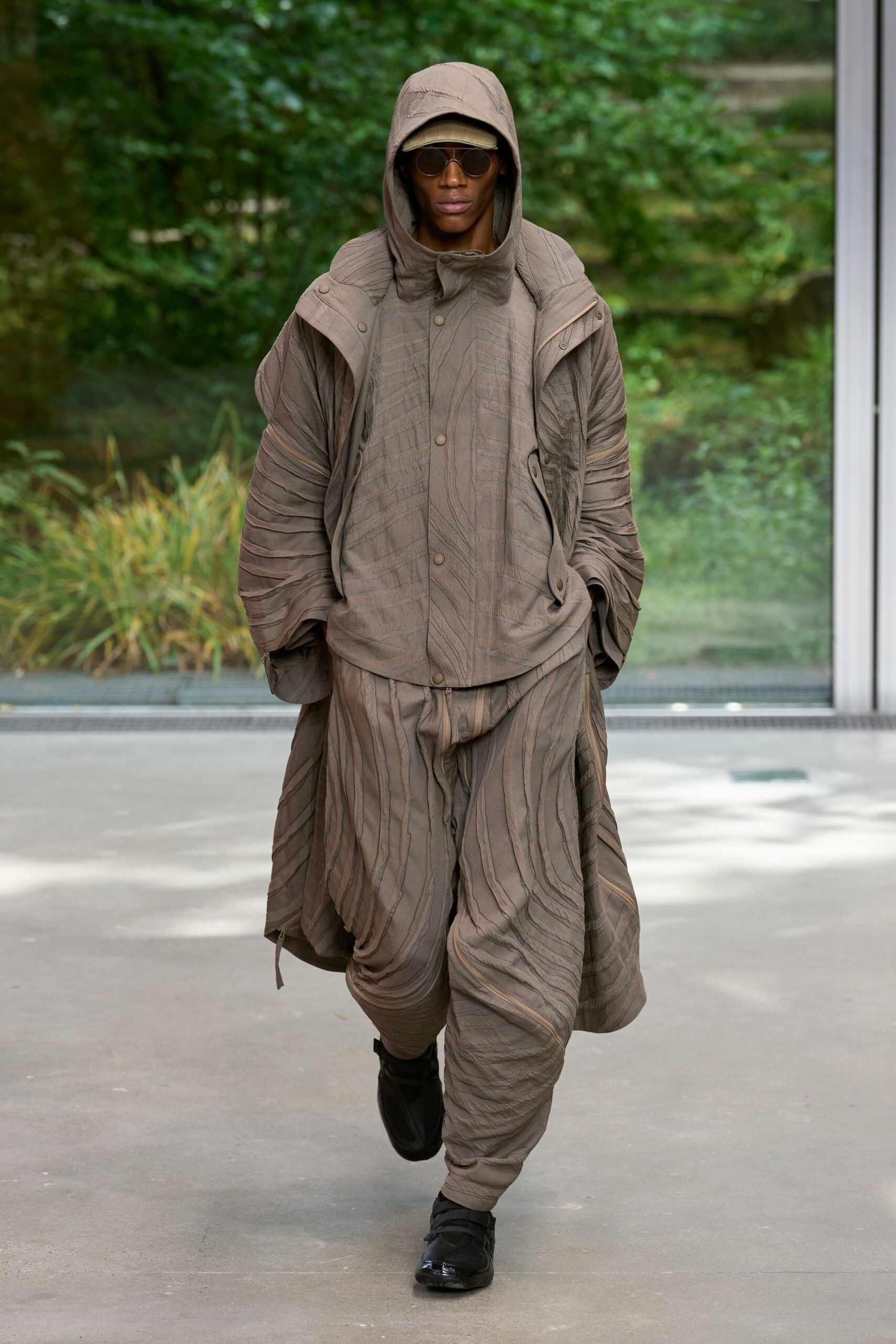 brown quilted coat and pants