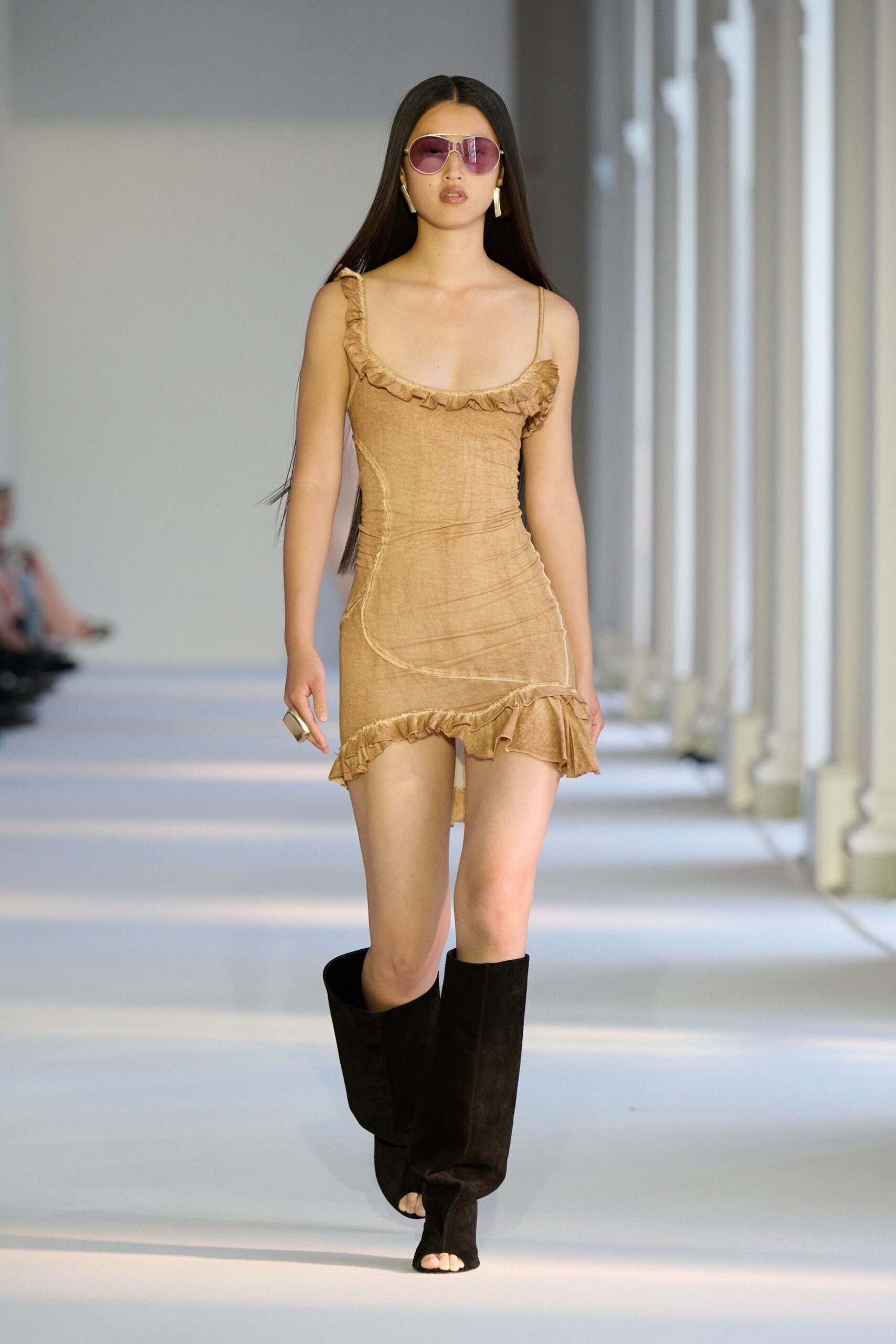 beige cotton sleeveless v-neck fitted ruffled mini dress