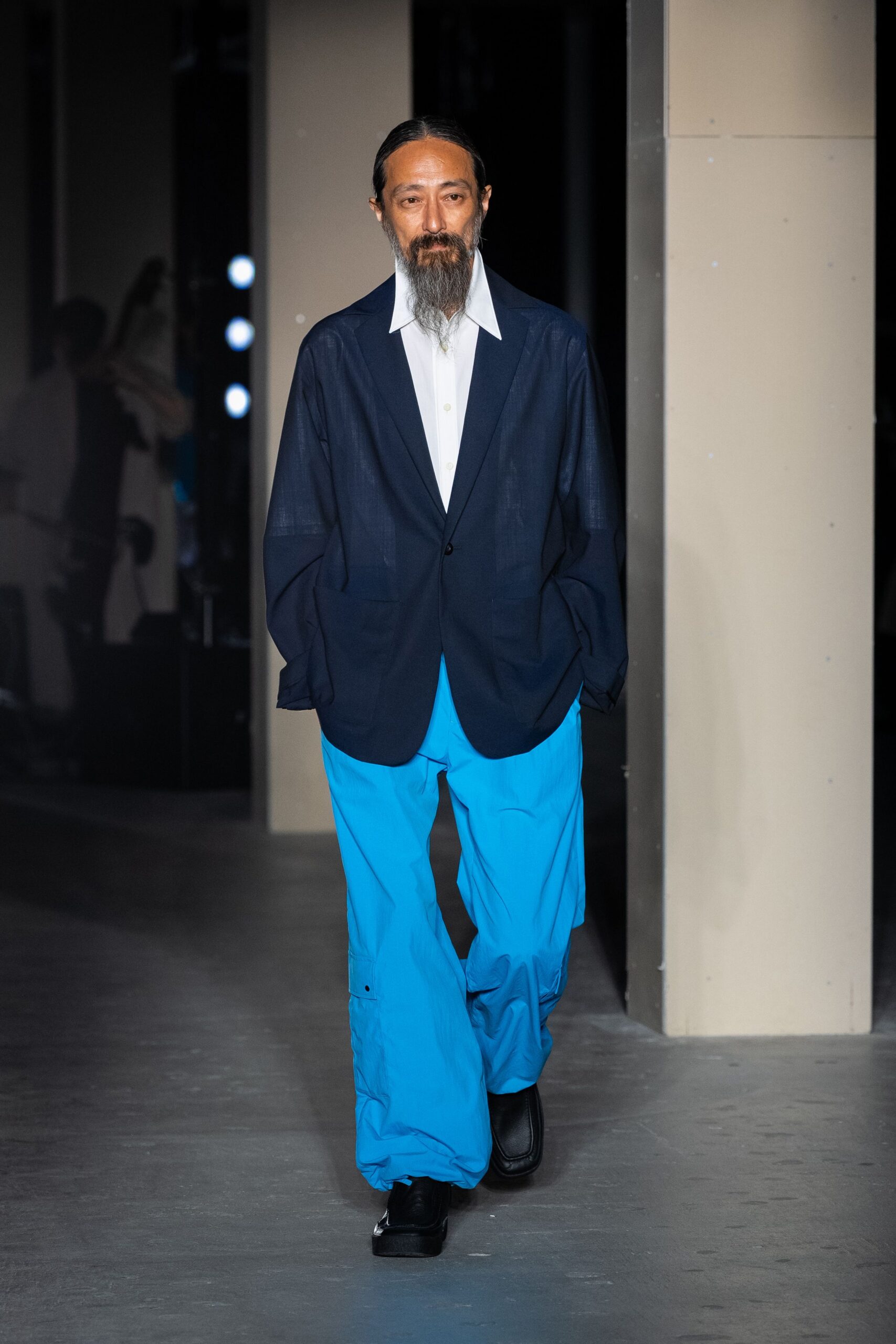 blue relaxed blazer with wide-leg pants
