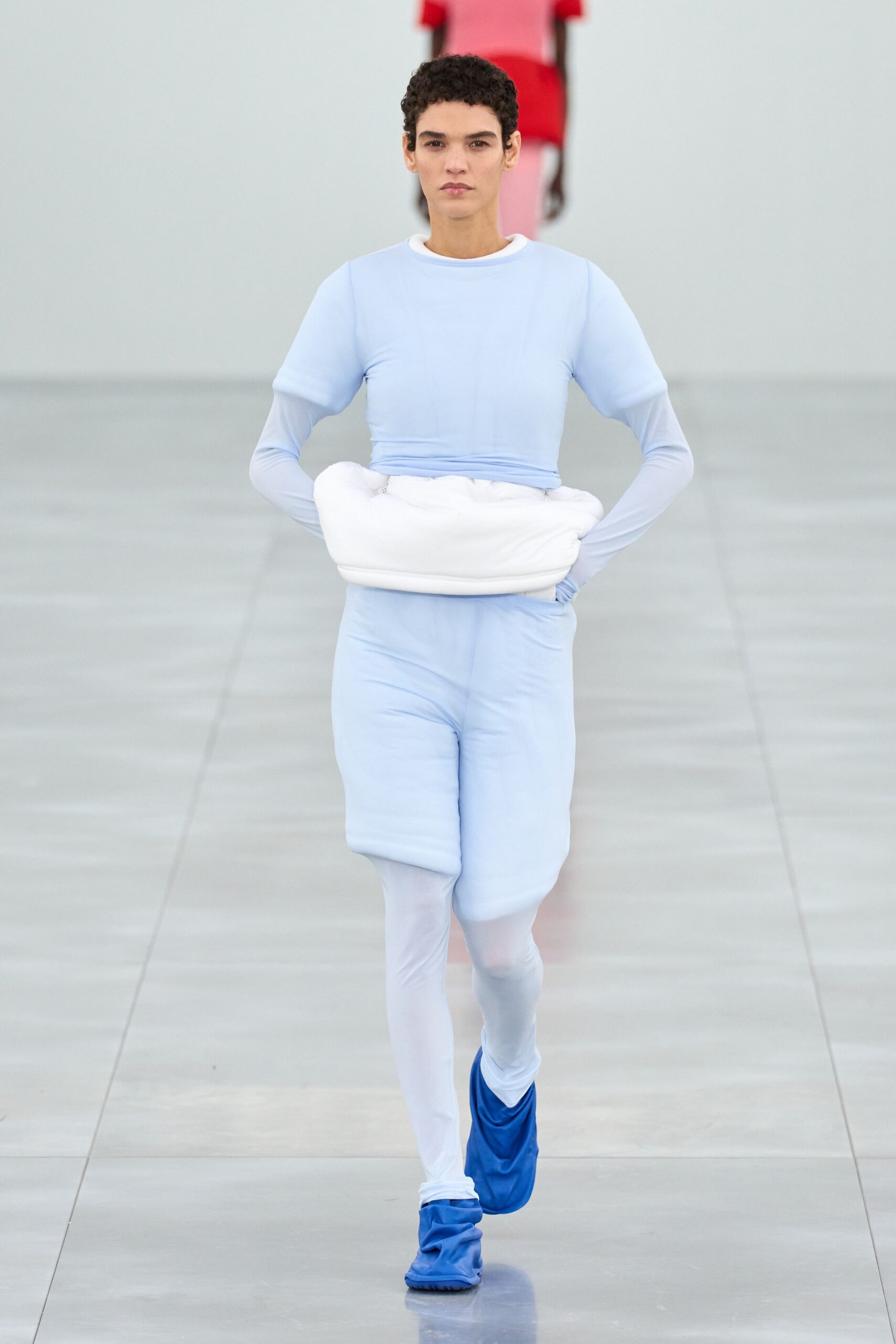 blue cotton long-sleeve high-neck fitted cropped top