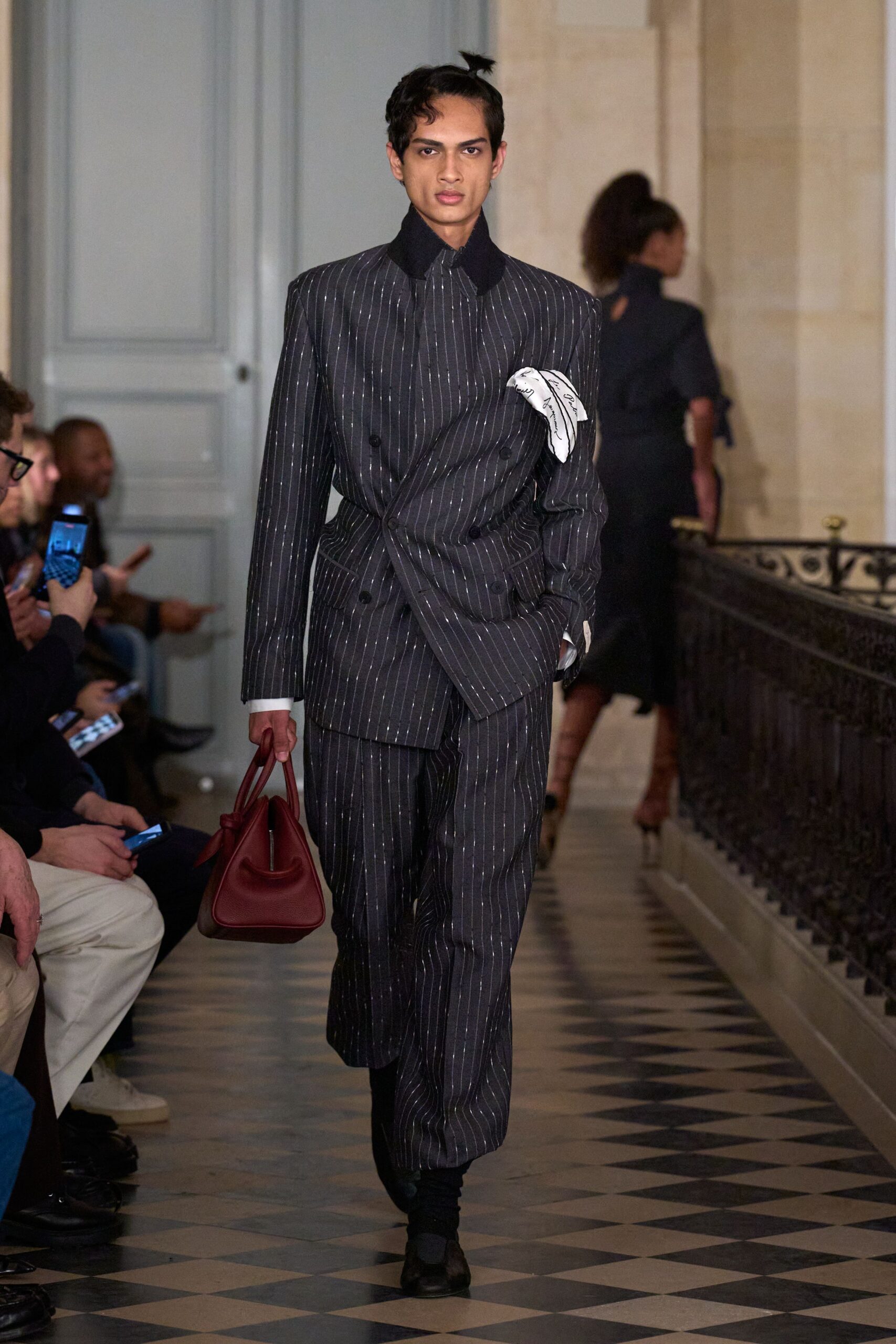 black and white striped tailored suit