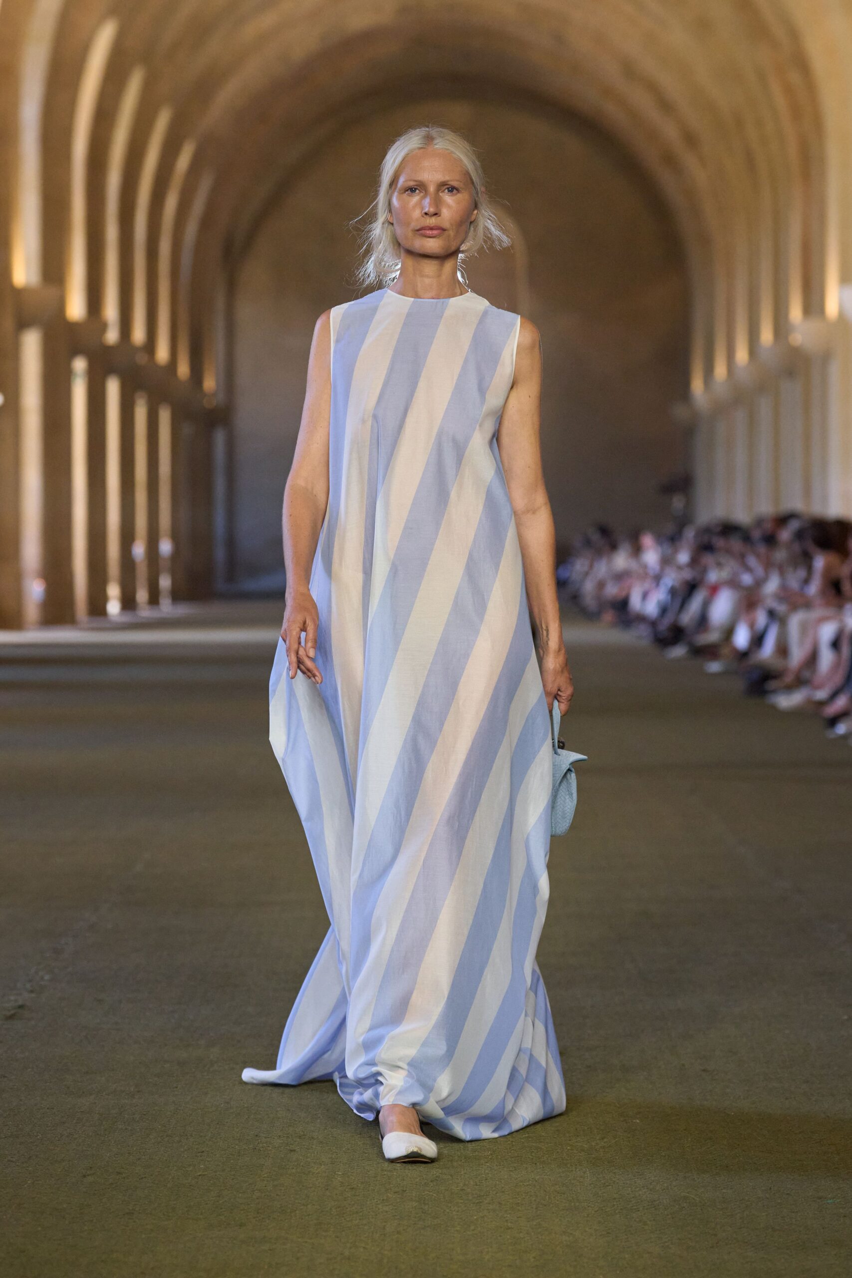 blue cotton sleeveless v-neck relaxed striped draped dress