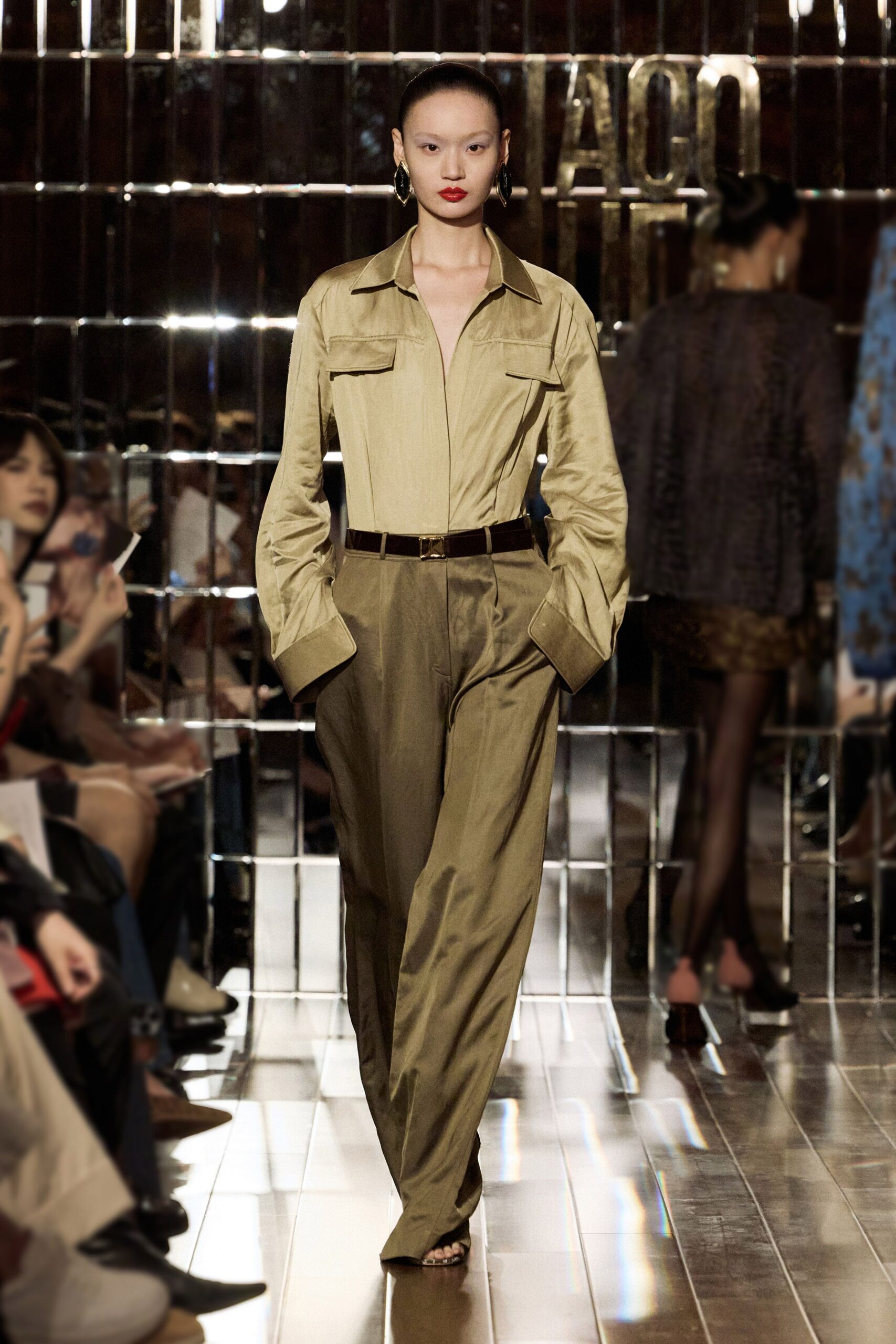 beige silk shirt and pants