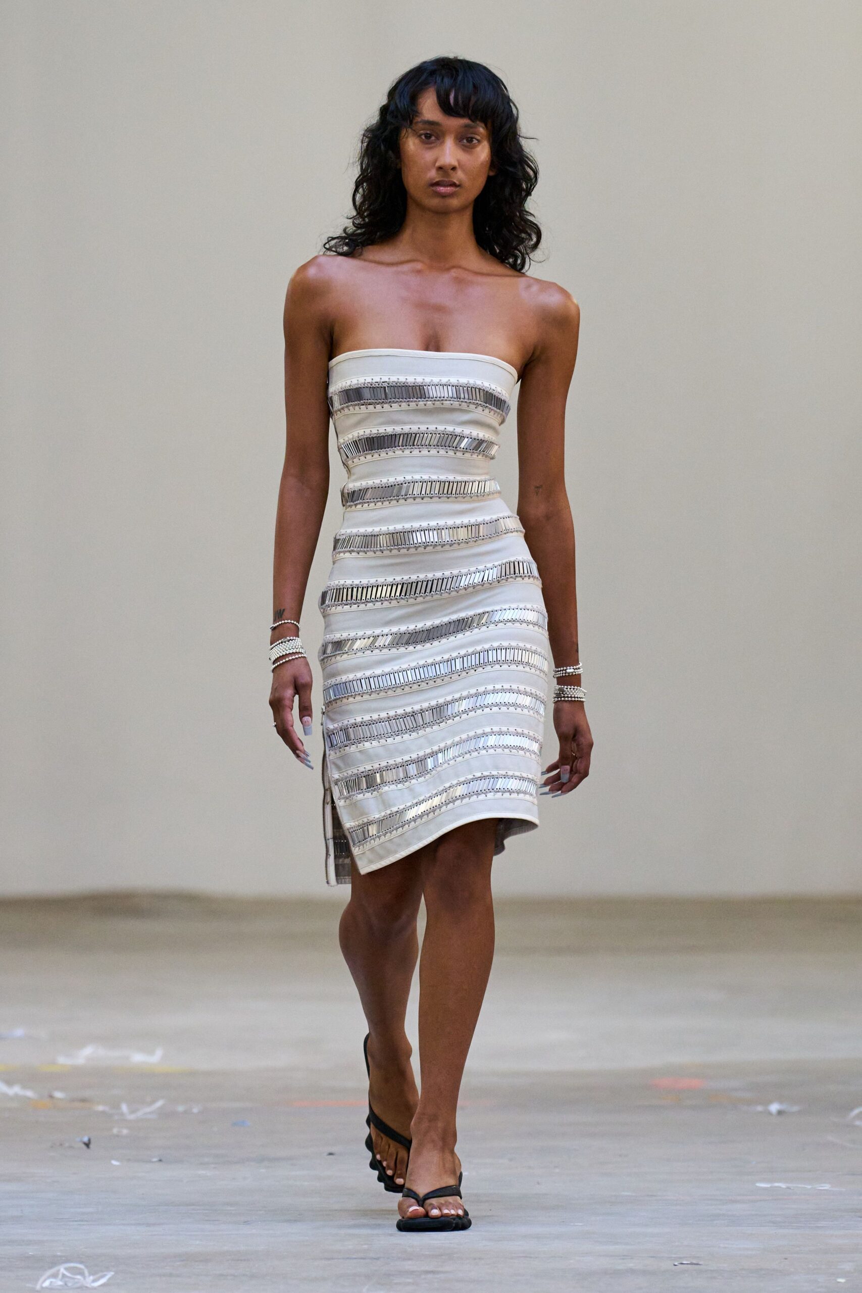 white silk strapless fitted embroidered mini dress