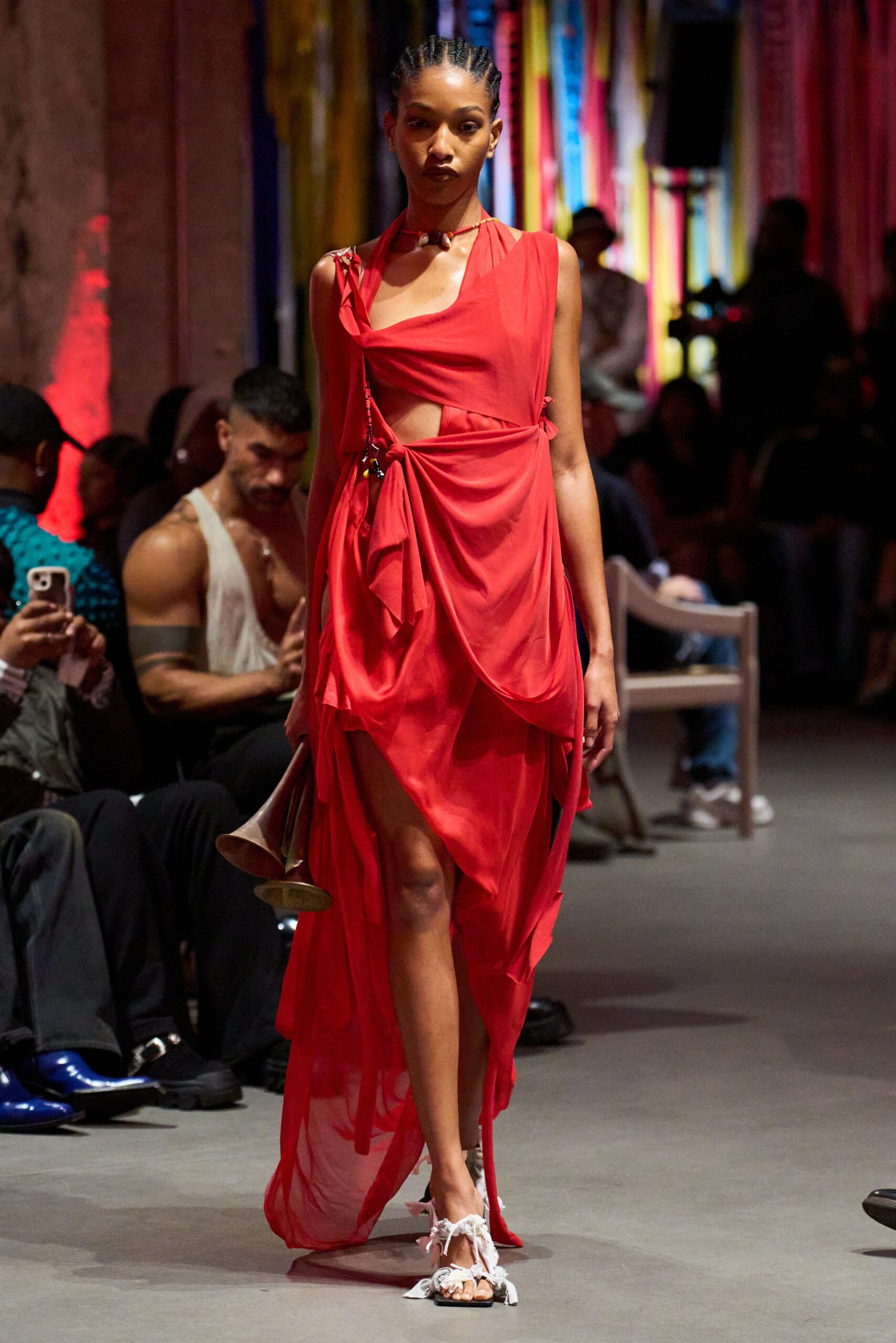 red silk sleeveless v-neck fitted draped flowing dress