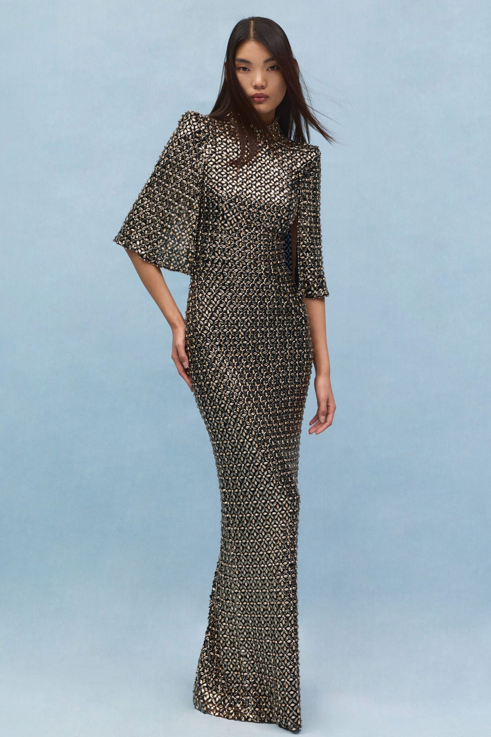 black and gold embellished gown