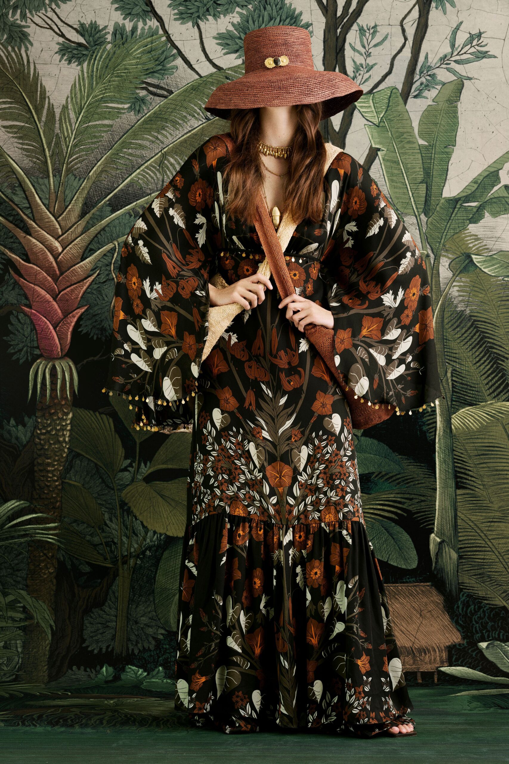 black silk long-sleeve v-neck relaxed floral flared gown