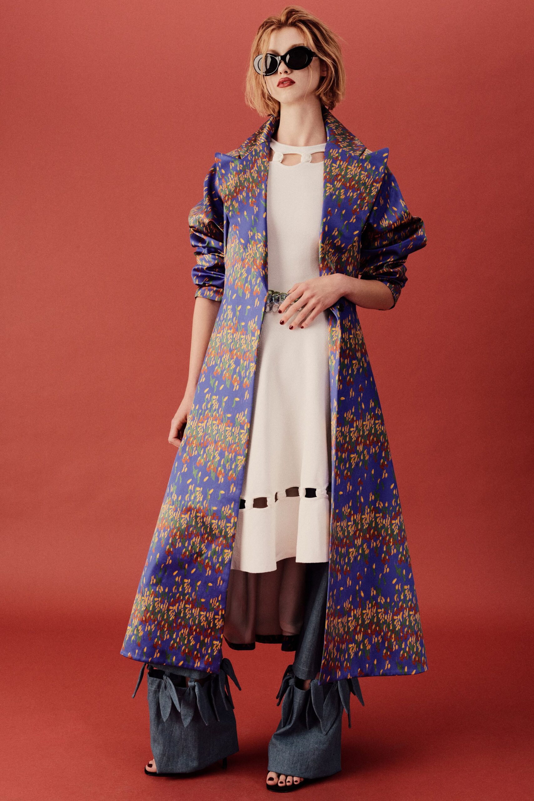 blue silk long-sleeve collared relaxed printed maxi coat