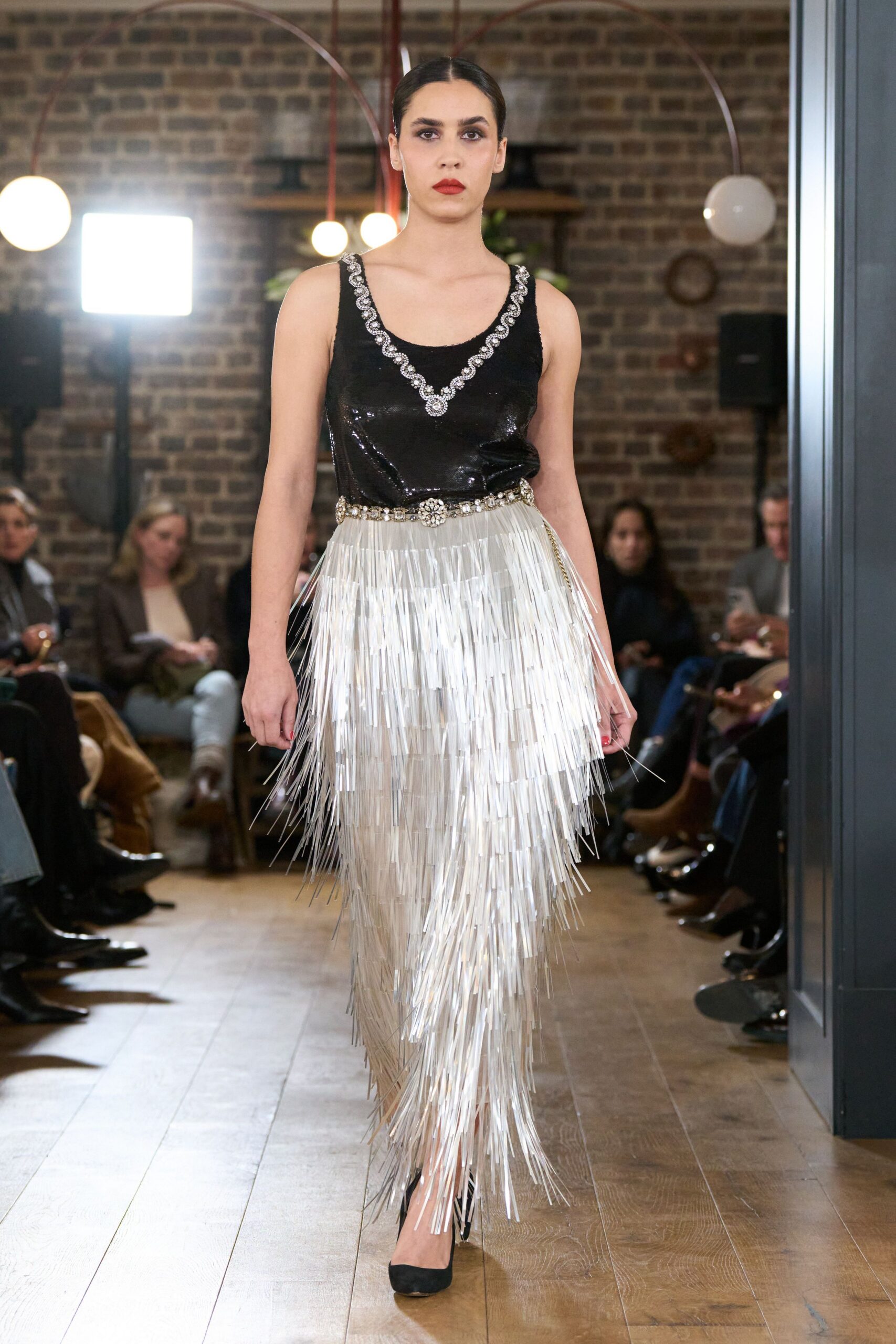 gray metallic fitted fringed shiny midi skirt