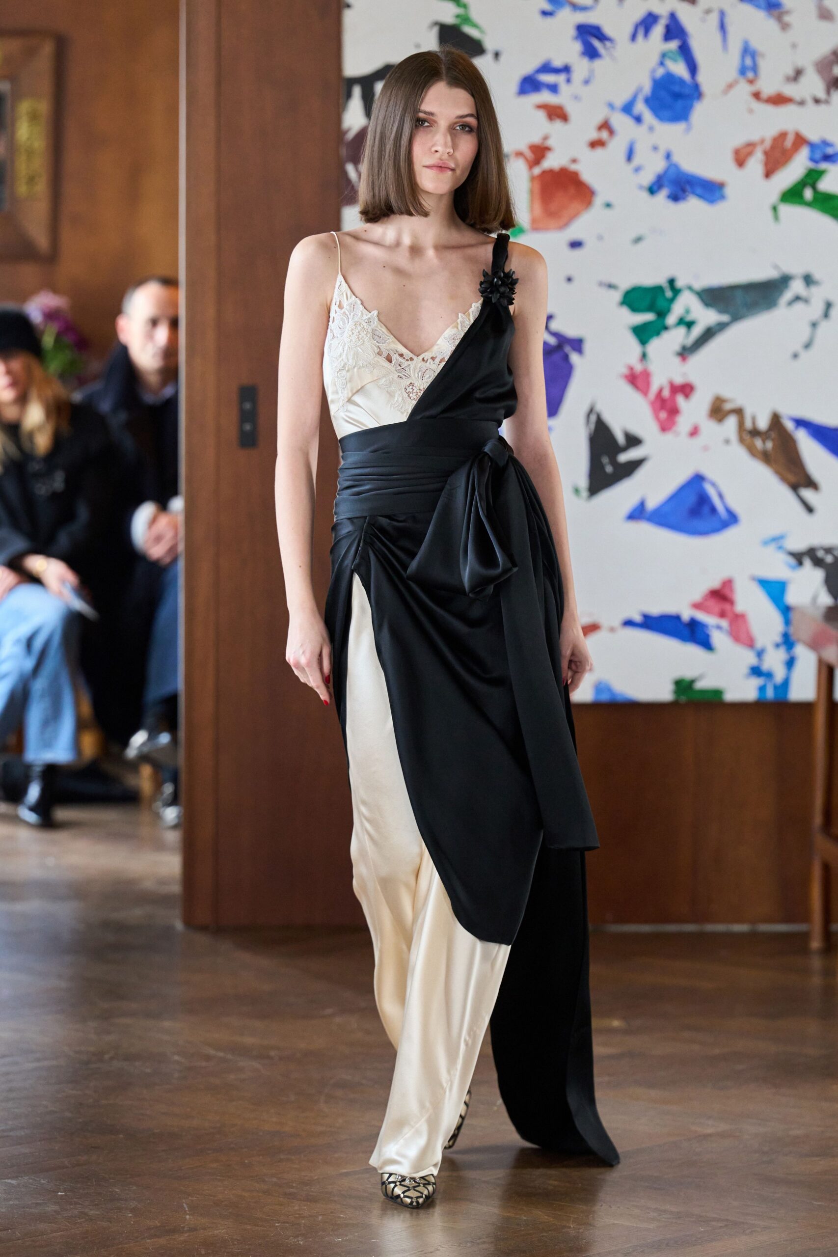 black and ivory silk gown