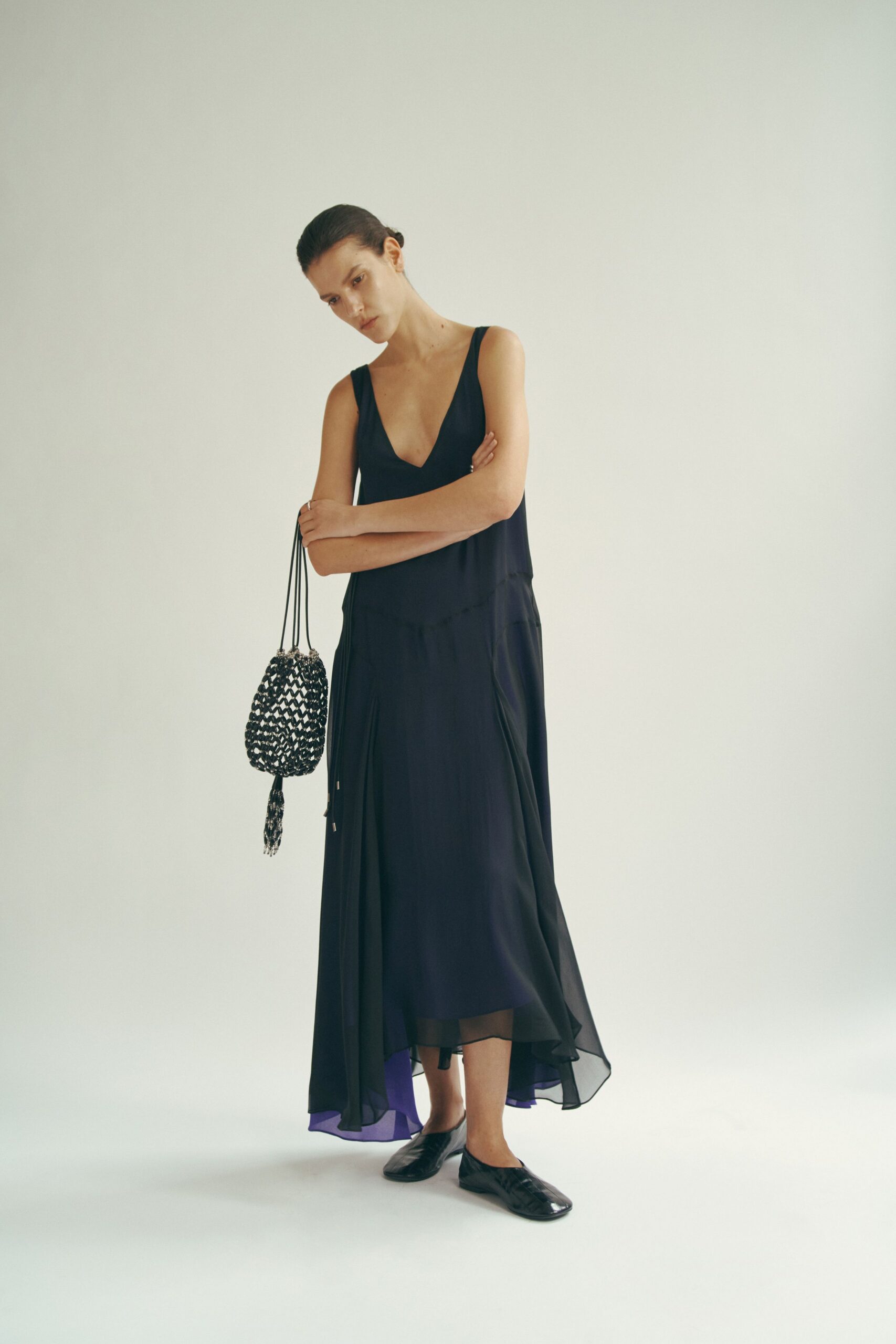 black silk sleeveless midi dress