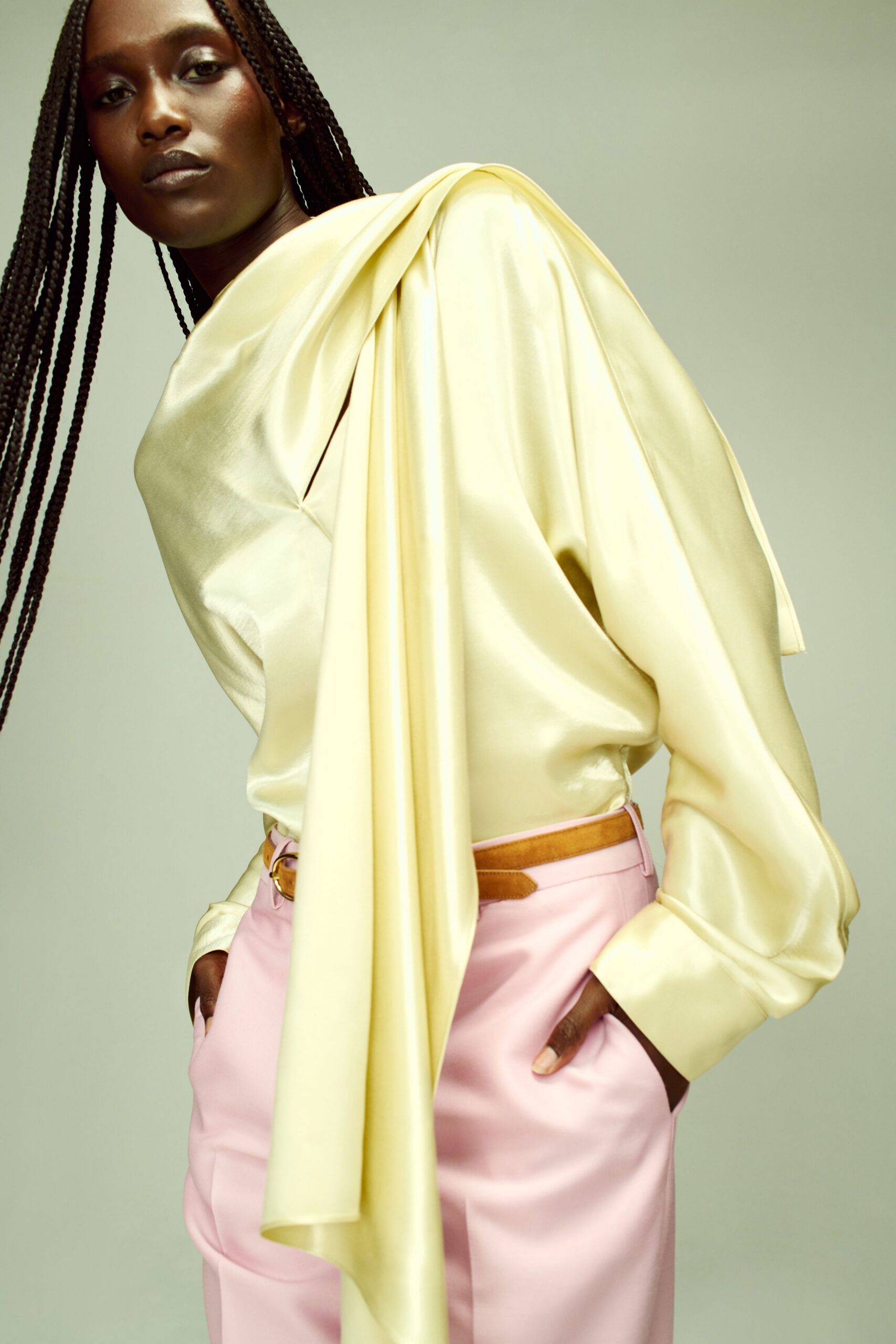 yellow silk long-sleeve asymmetric relaxed draped shiny top