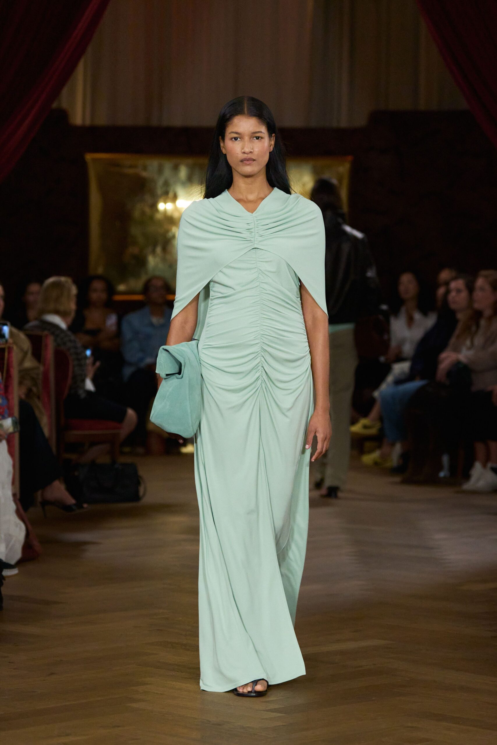 green silk sleeveless high-neck fitted ruched draped gown