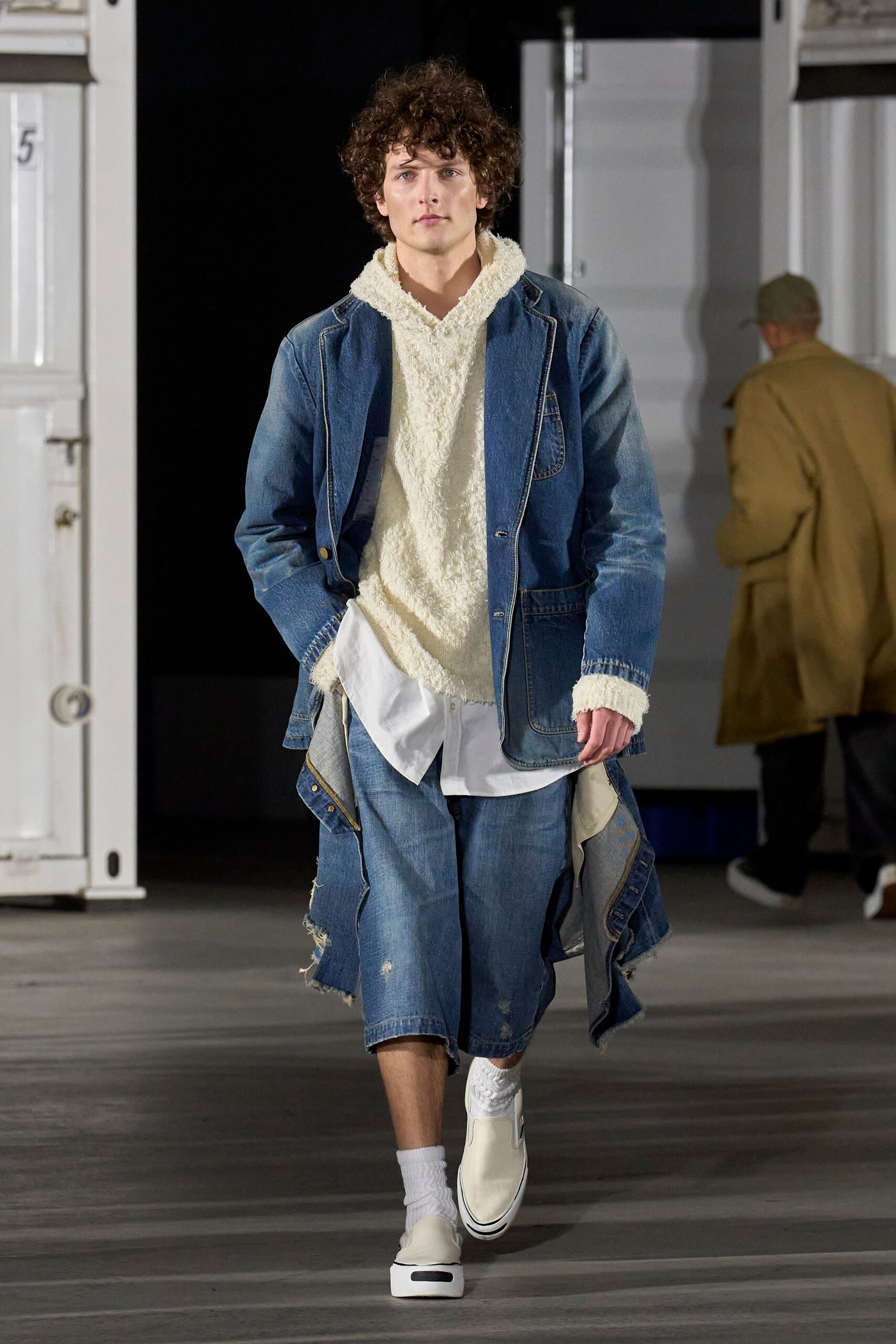 denim jacket with hoodie and shorts