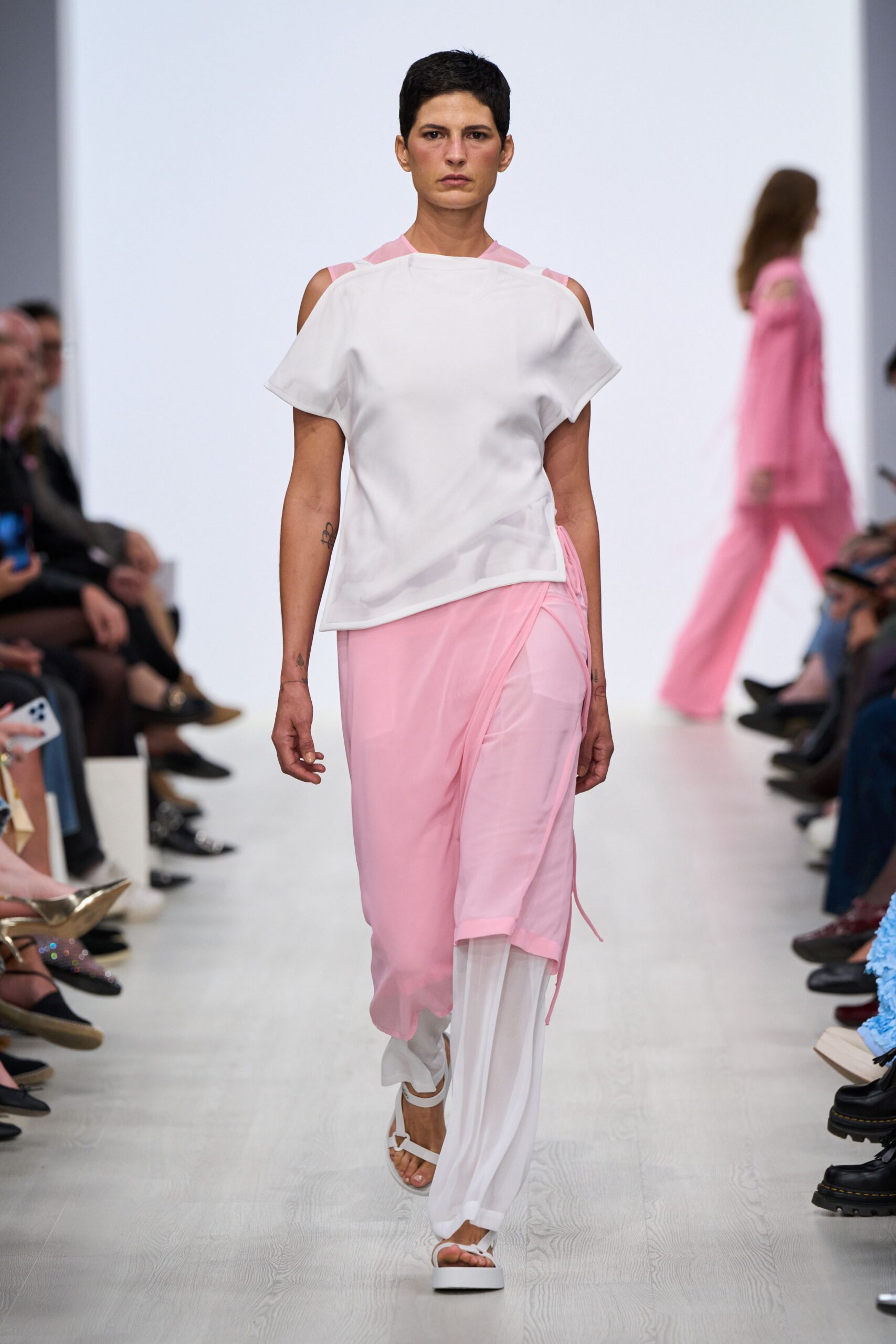 pink chiffon asymmetric relaxed layered flowing pants