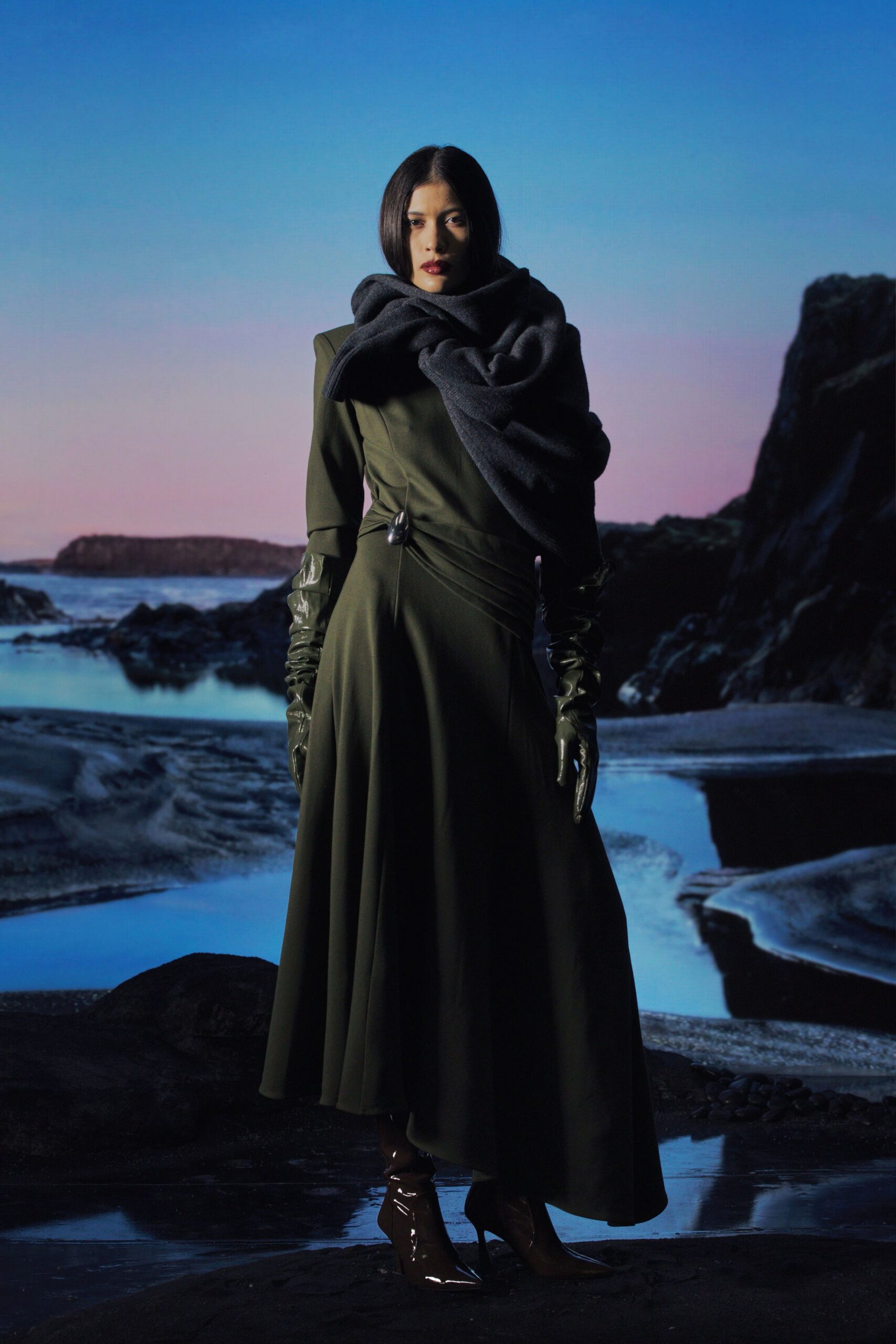 green silk long-sleeve v-neck fitted draped maxi gown