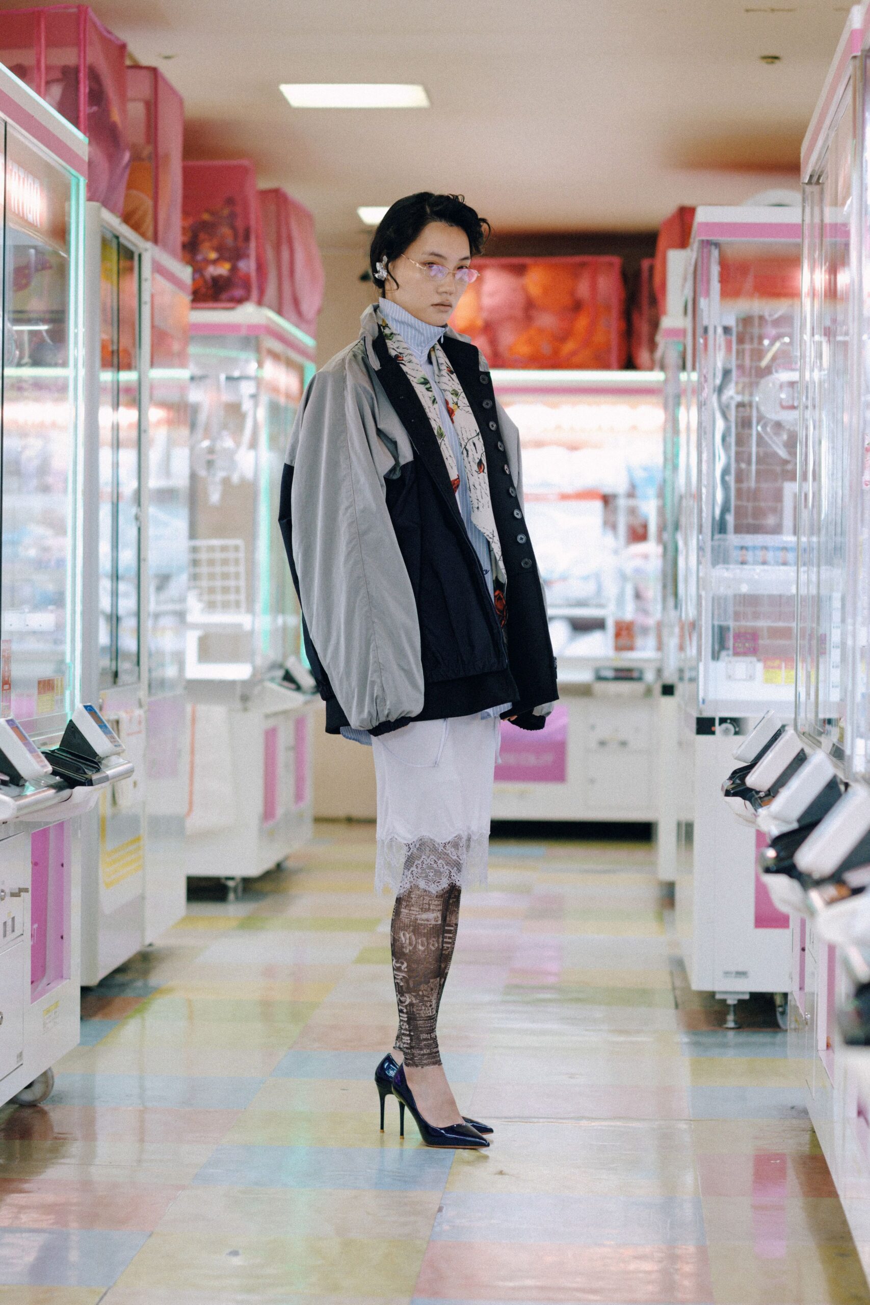 oversized jacket with mini skirt