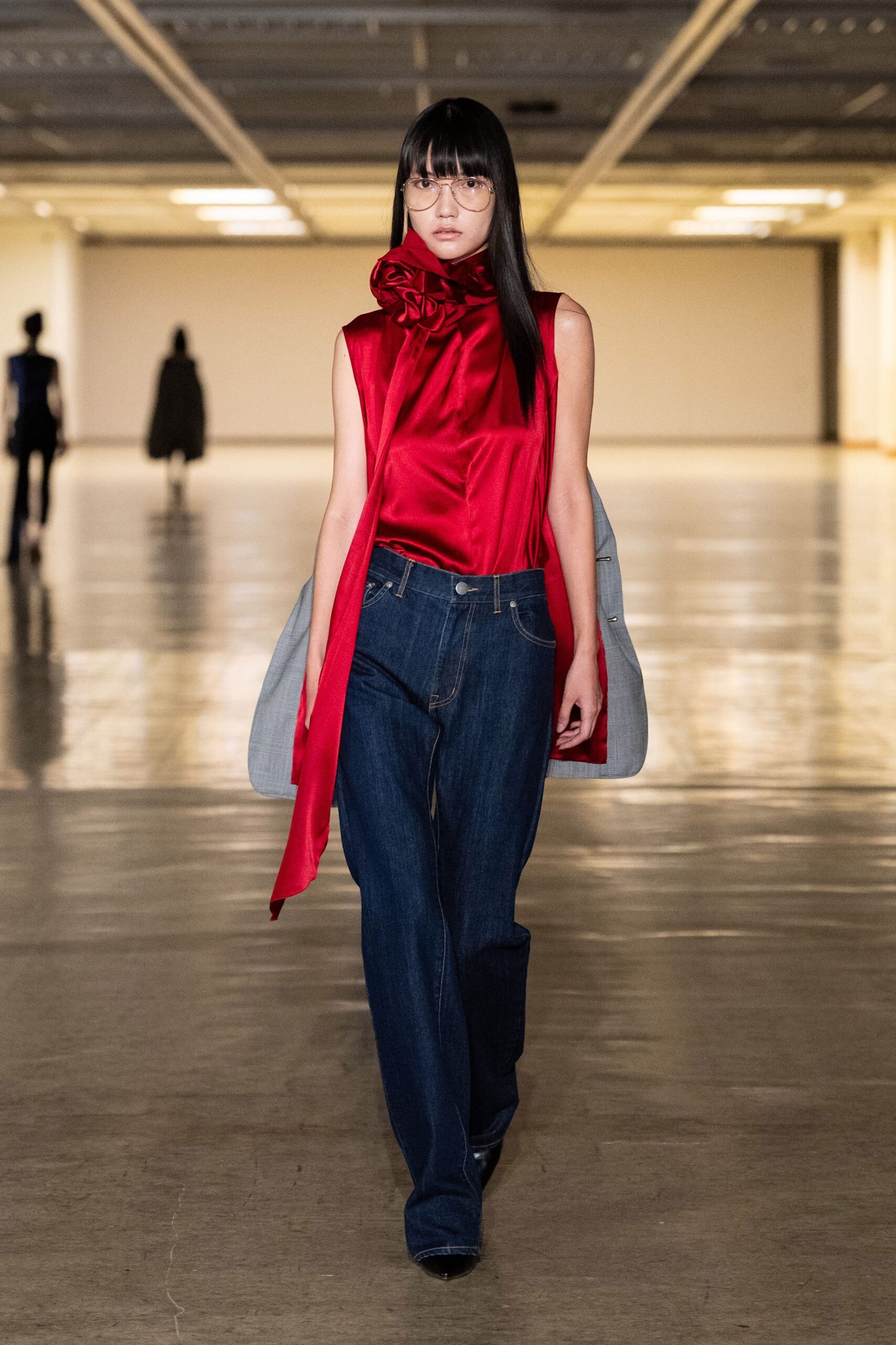 red silk sleeveless fitted draped top