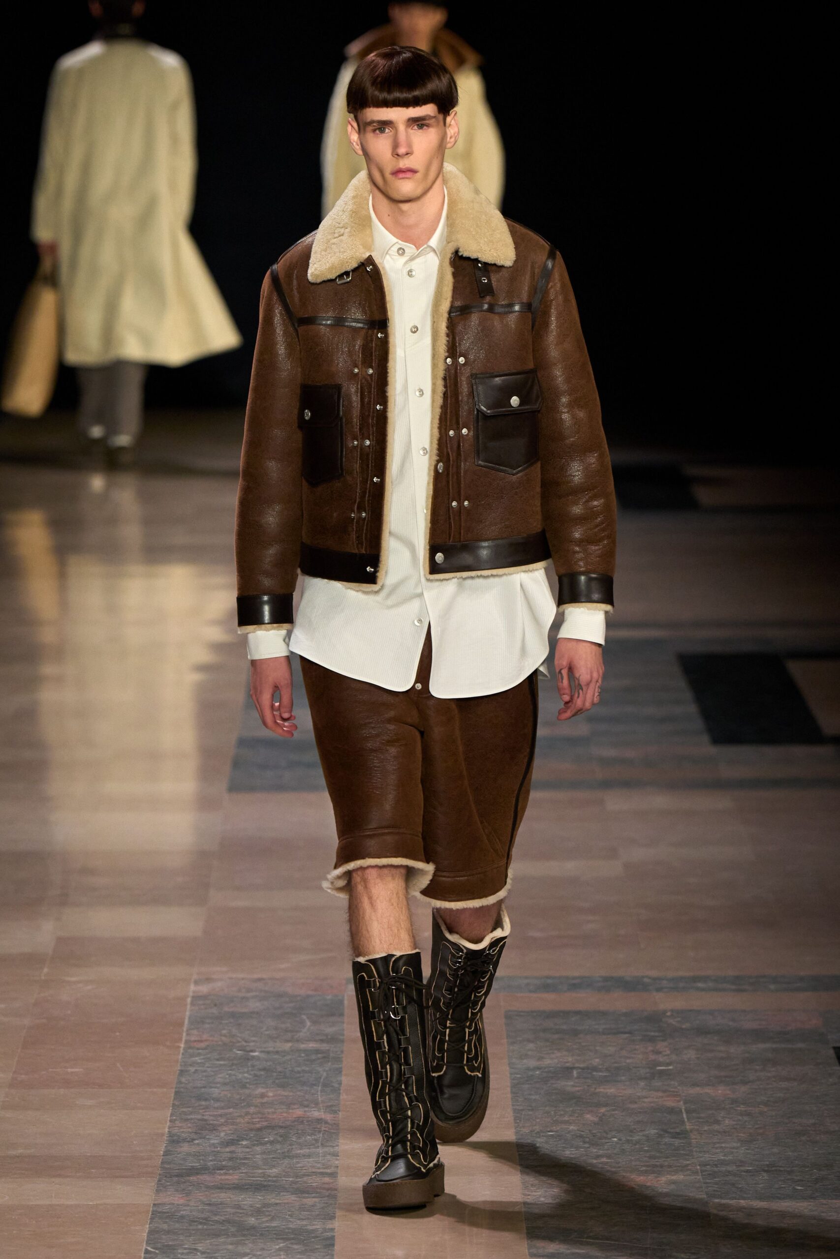 brown leather jacket with white shirt