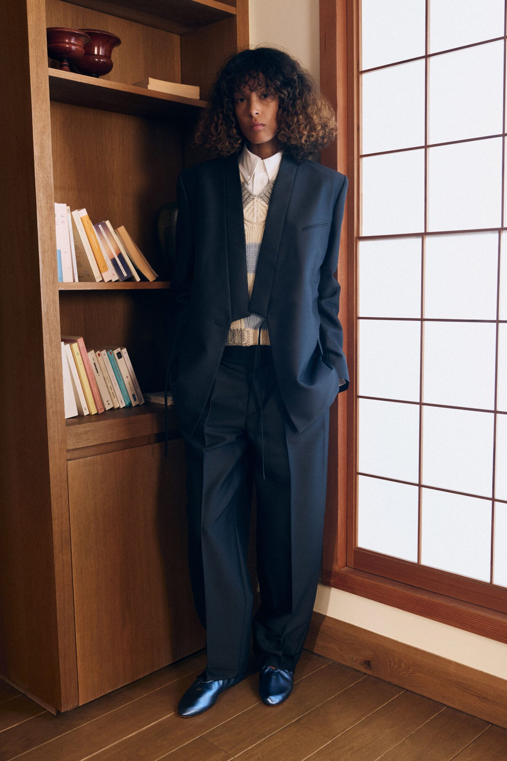 black tailored suit with white shirt