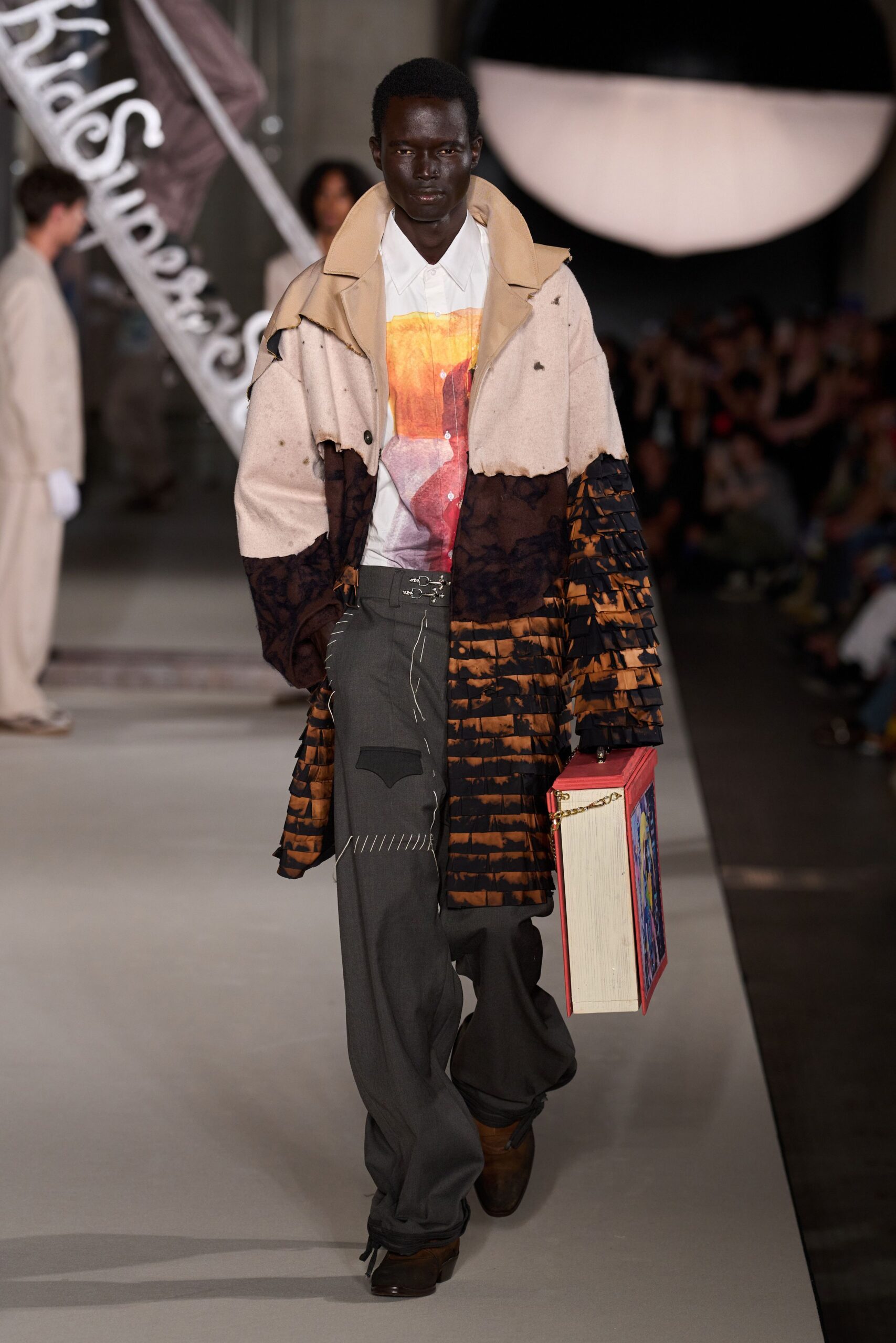 beige wool long-sleeve collared relaxed layered color-blocked coat