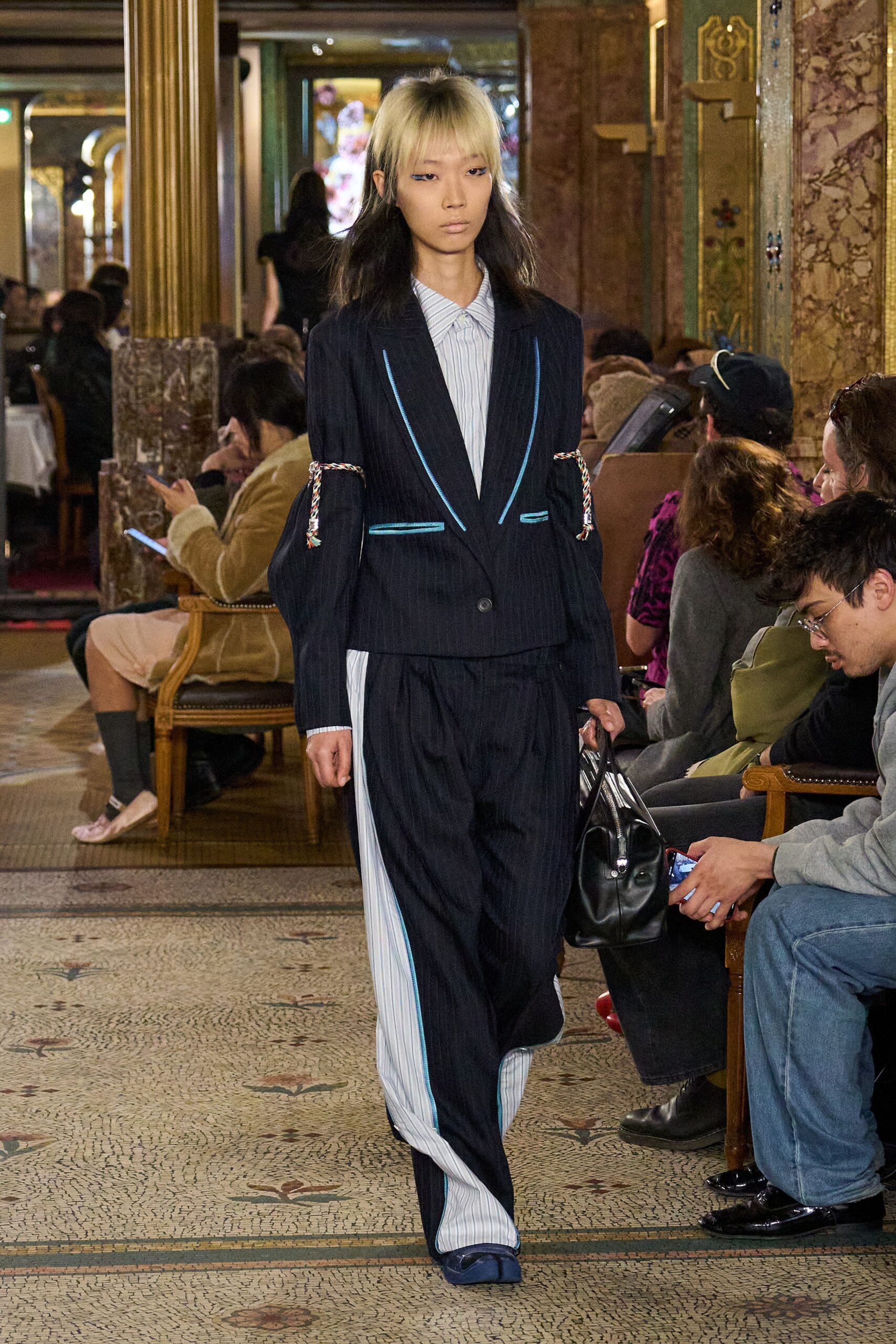blue cotton long-sleeve collared tailored striped blazer