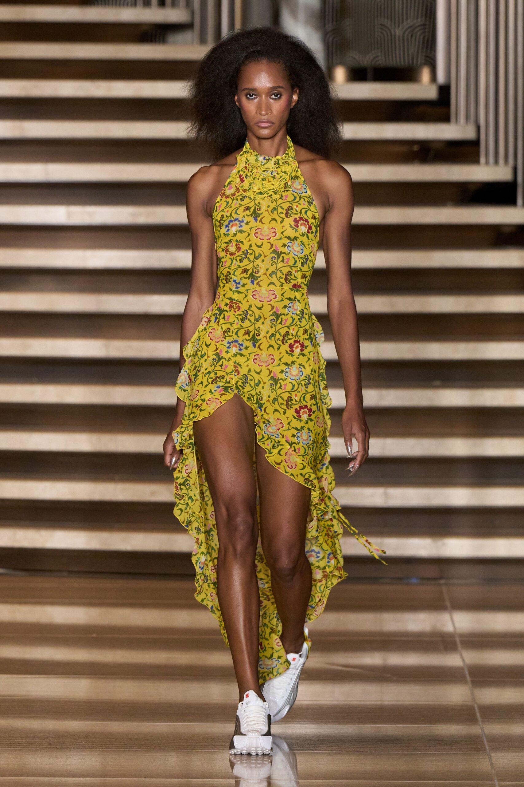 yellow chiffon sleeveless high-neck fitted flared draped dress
