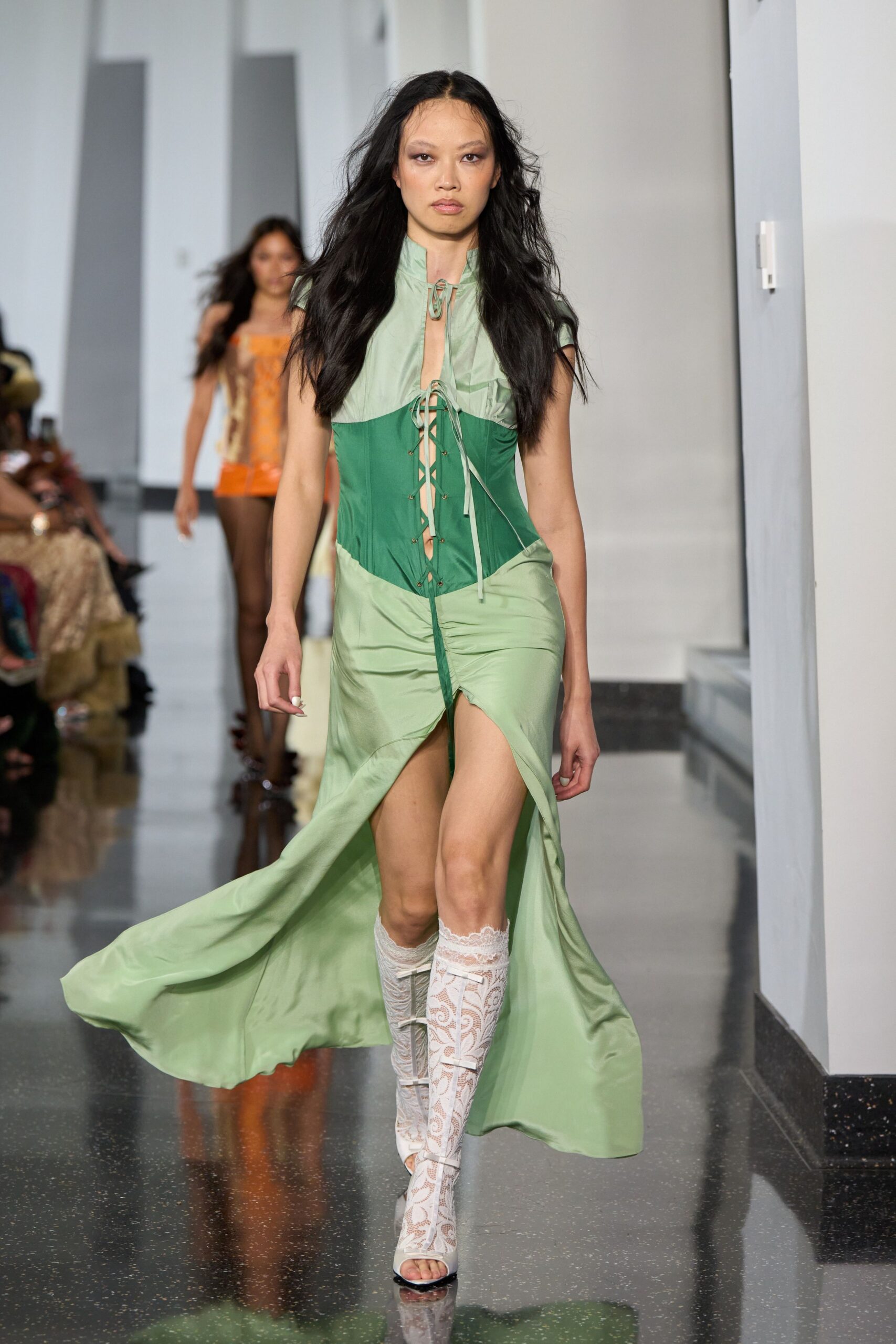 green silk sleeveless v-neck fitted zippered flowing dress