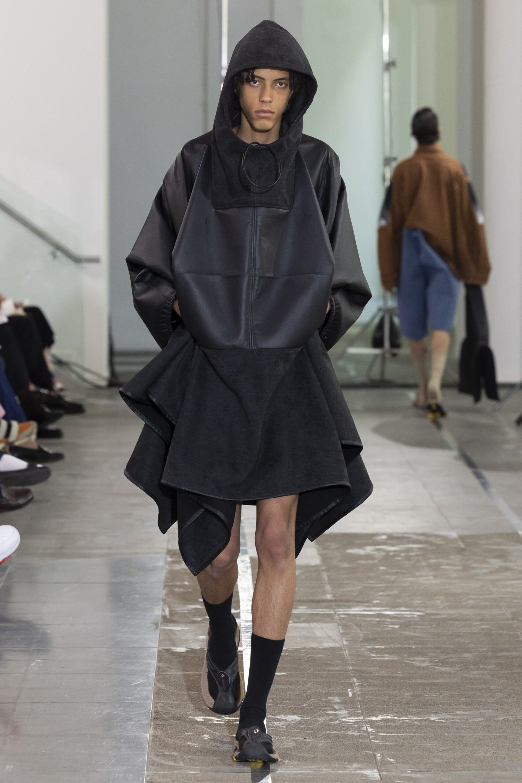 black leather sleeveless hooded relaxed draped mini dress