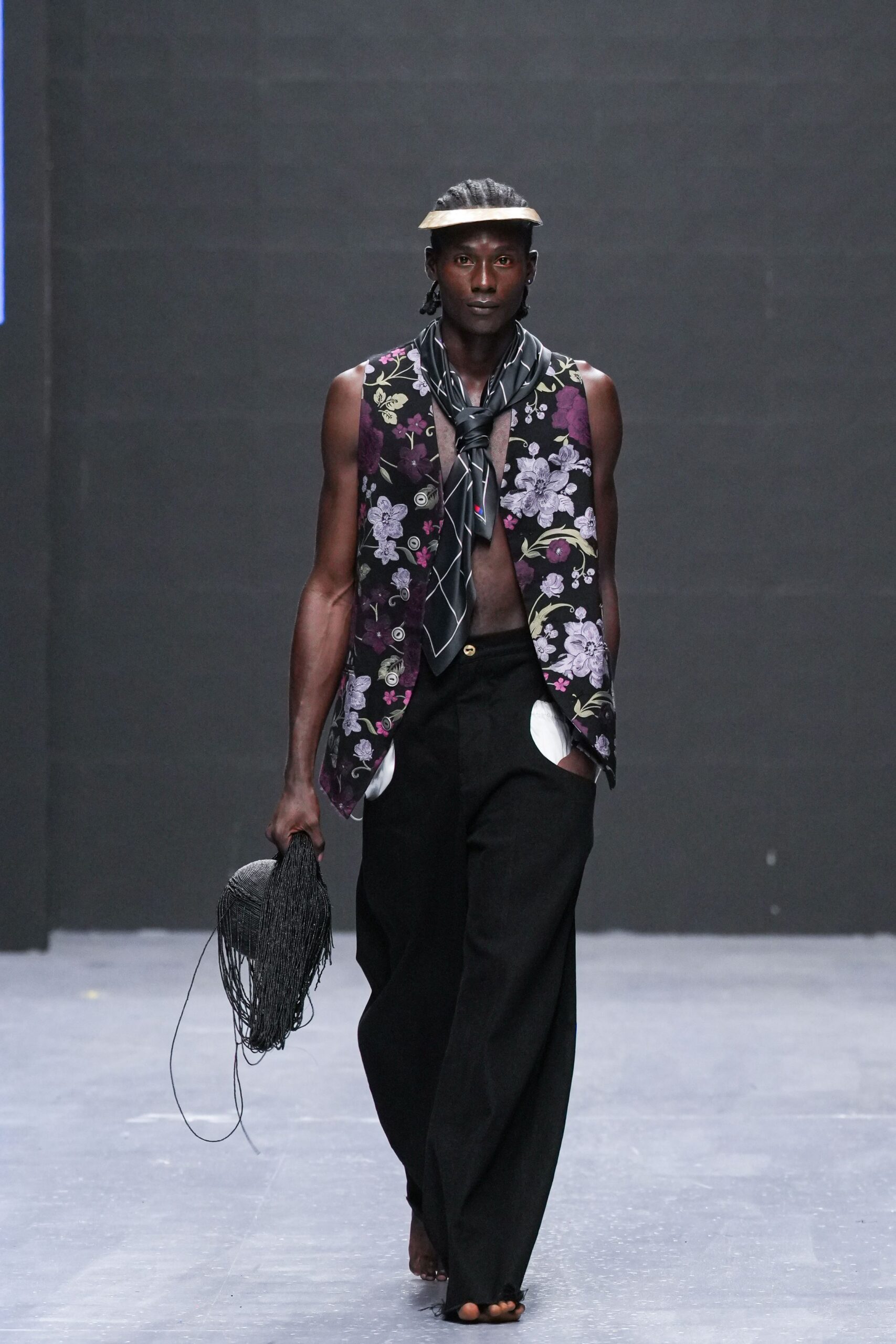 floral black vest with relaxed pants