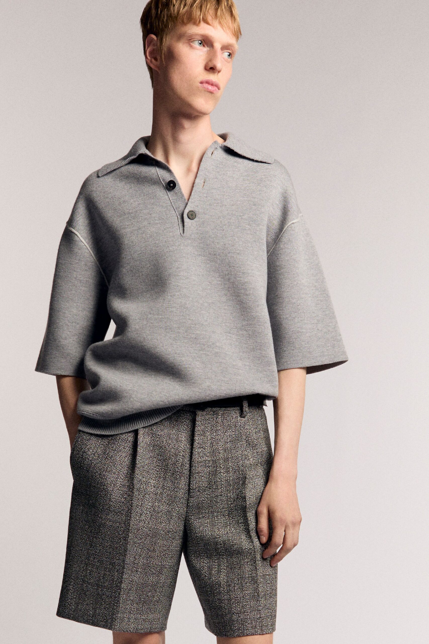 gray relaxed top and fitted shorts