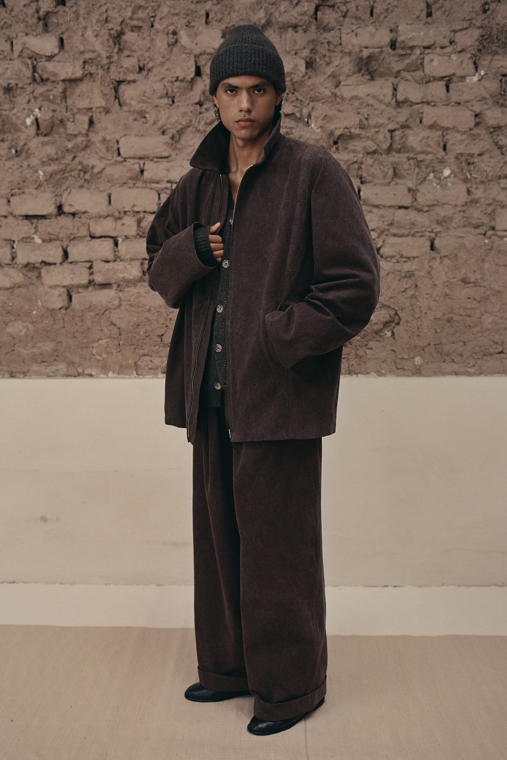 brown relaxed jacket with gray shirt