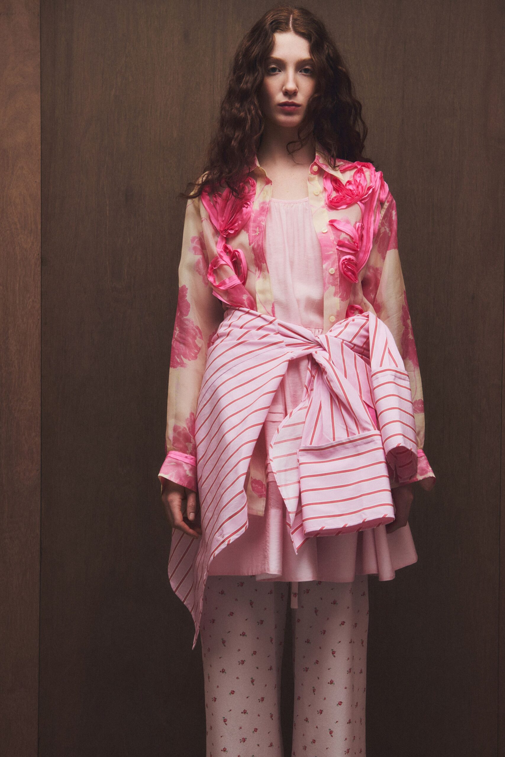 pink silk long-sleeve collared relaxed floral layered shirt