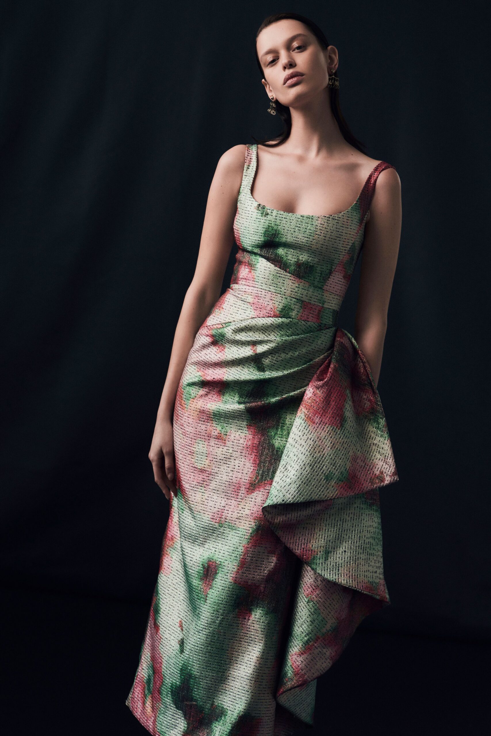 green and pink silk midi dress
