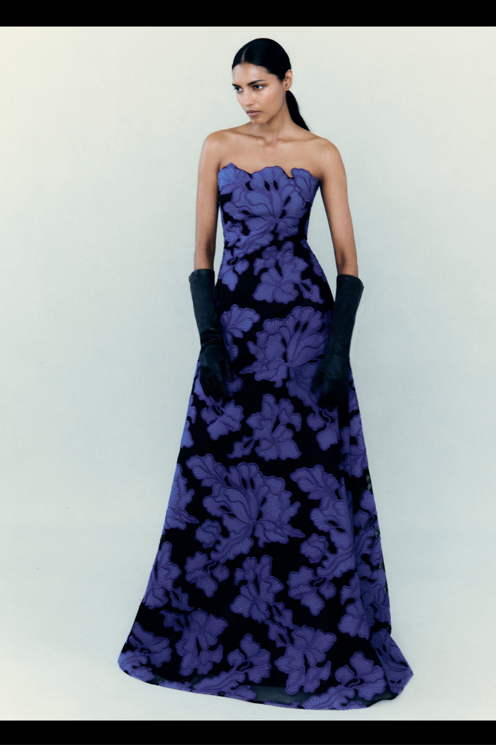 black floral strapless gown with gloves