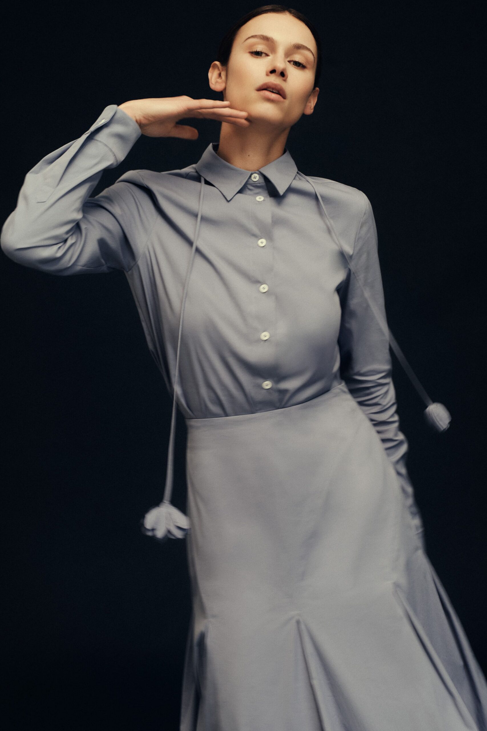 blue cotton fitted shirt-dress