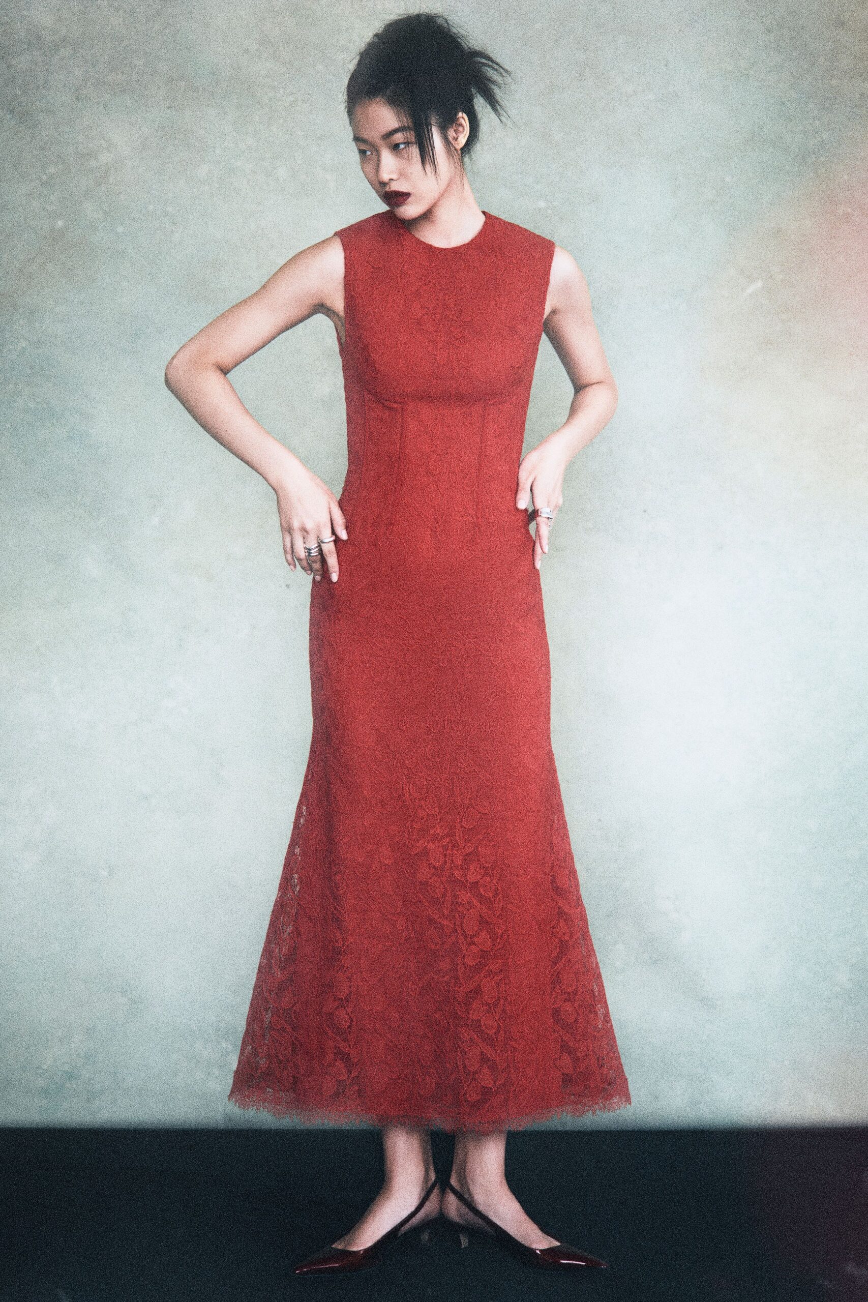 red lace sleeveless high-neck fitted flared midi dress