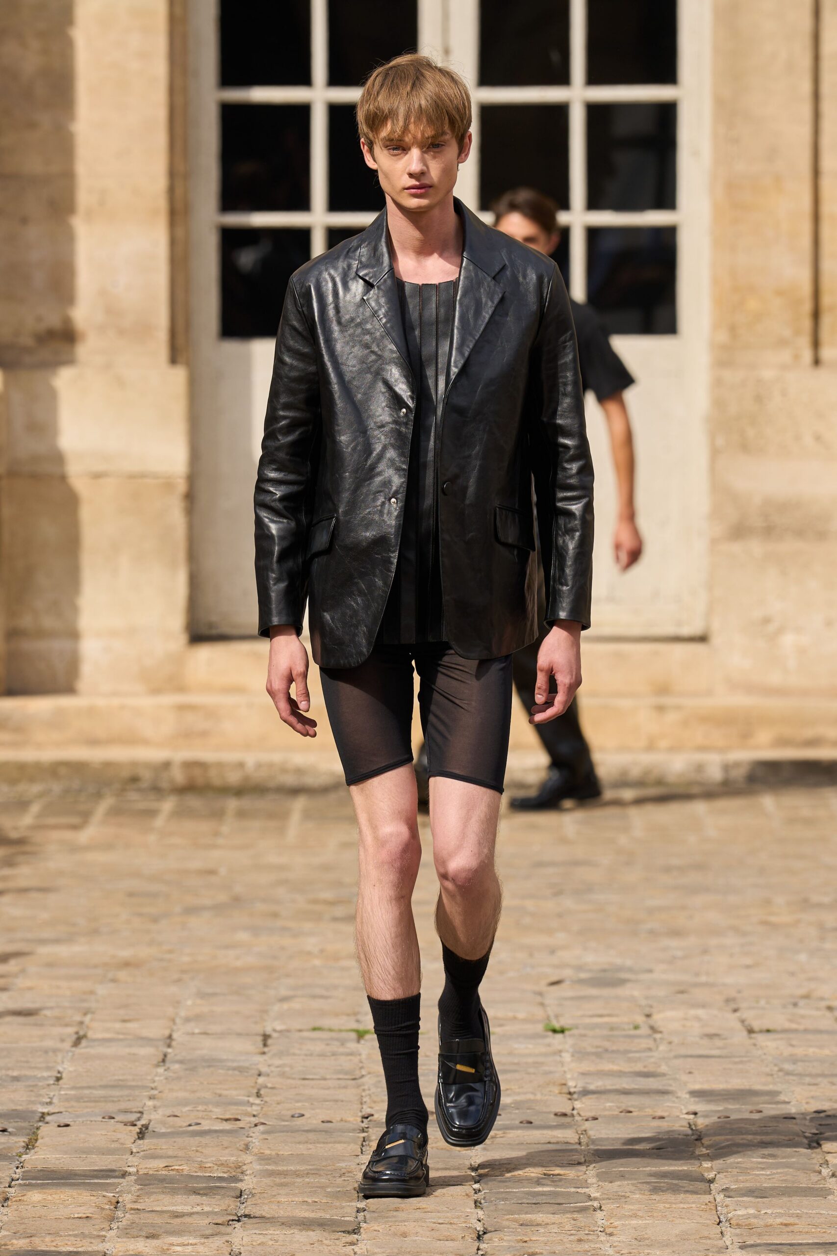 black leather blazer with fitted top and shorts