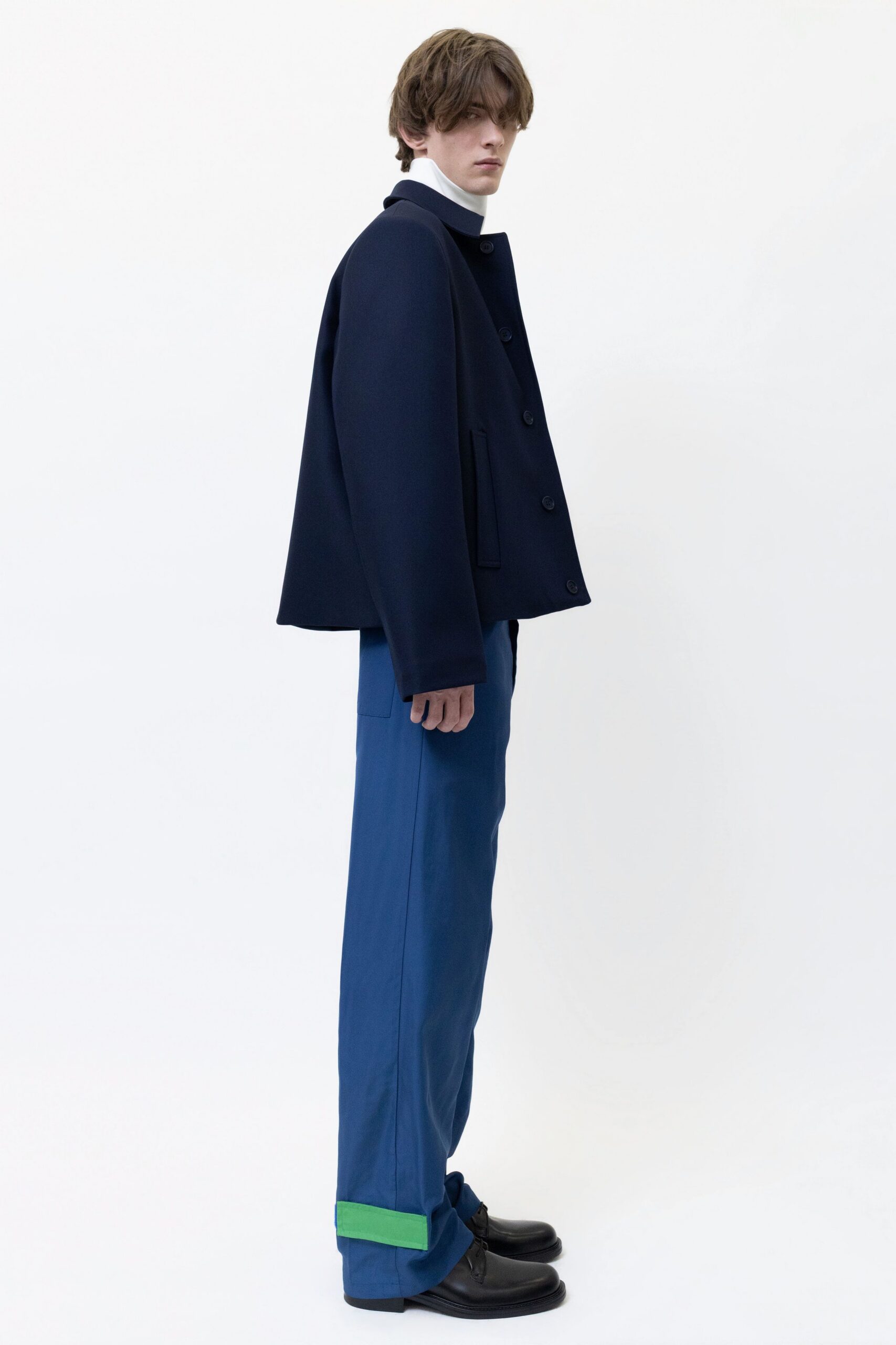 navy wool jacket with blue pants